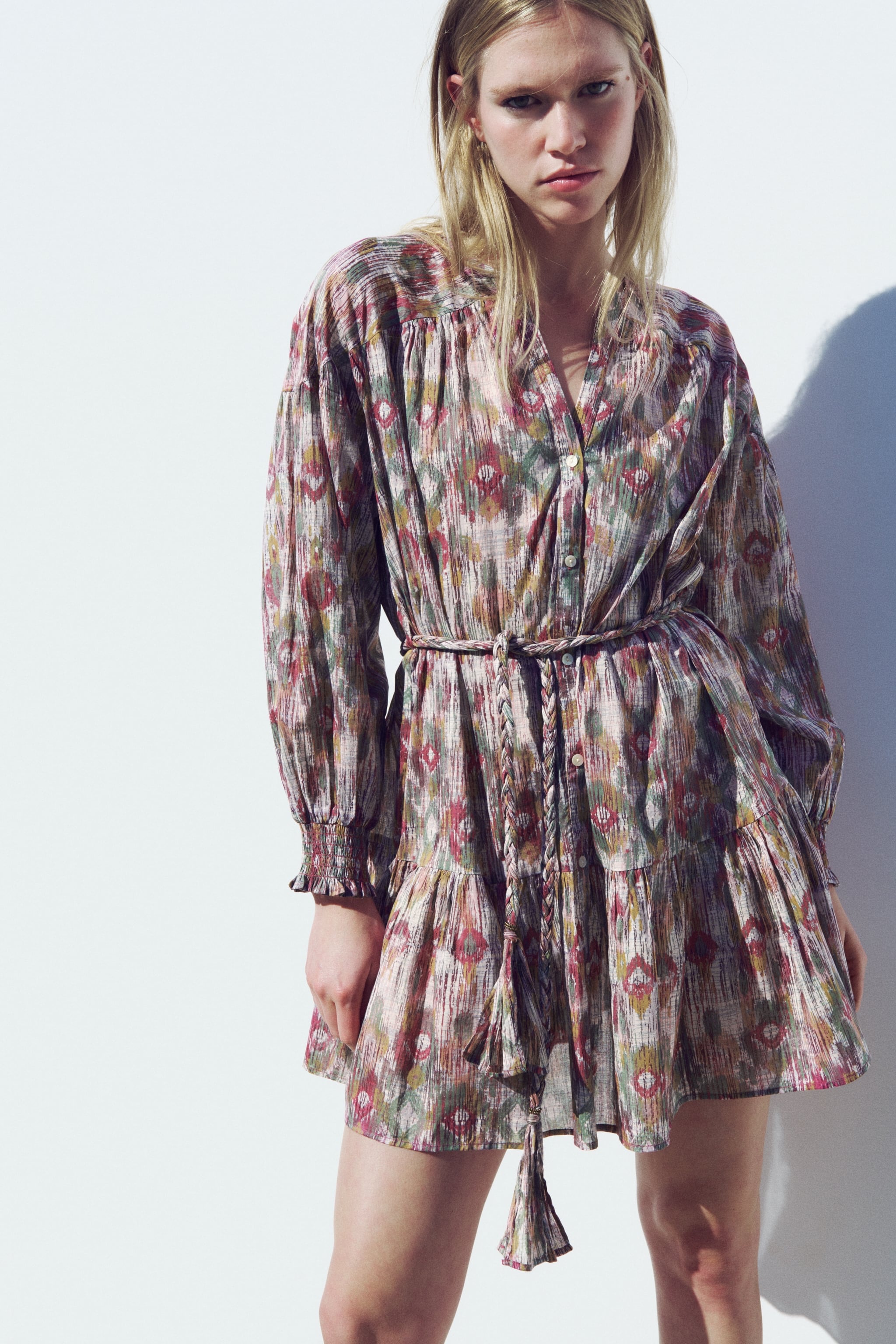 Floral Puff Long Sleeve Ruffle Hem Mini Dress