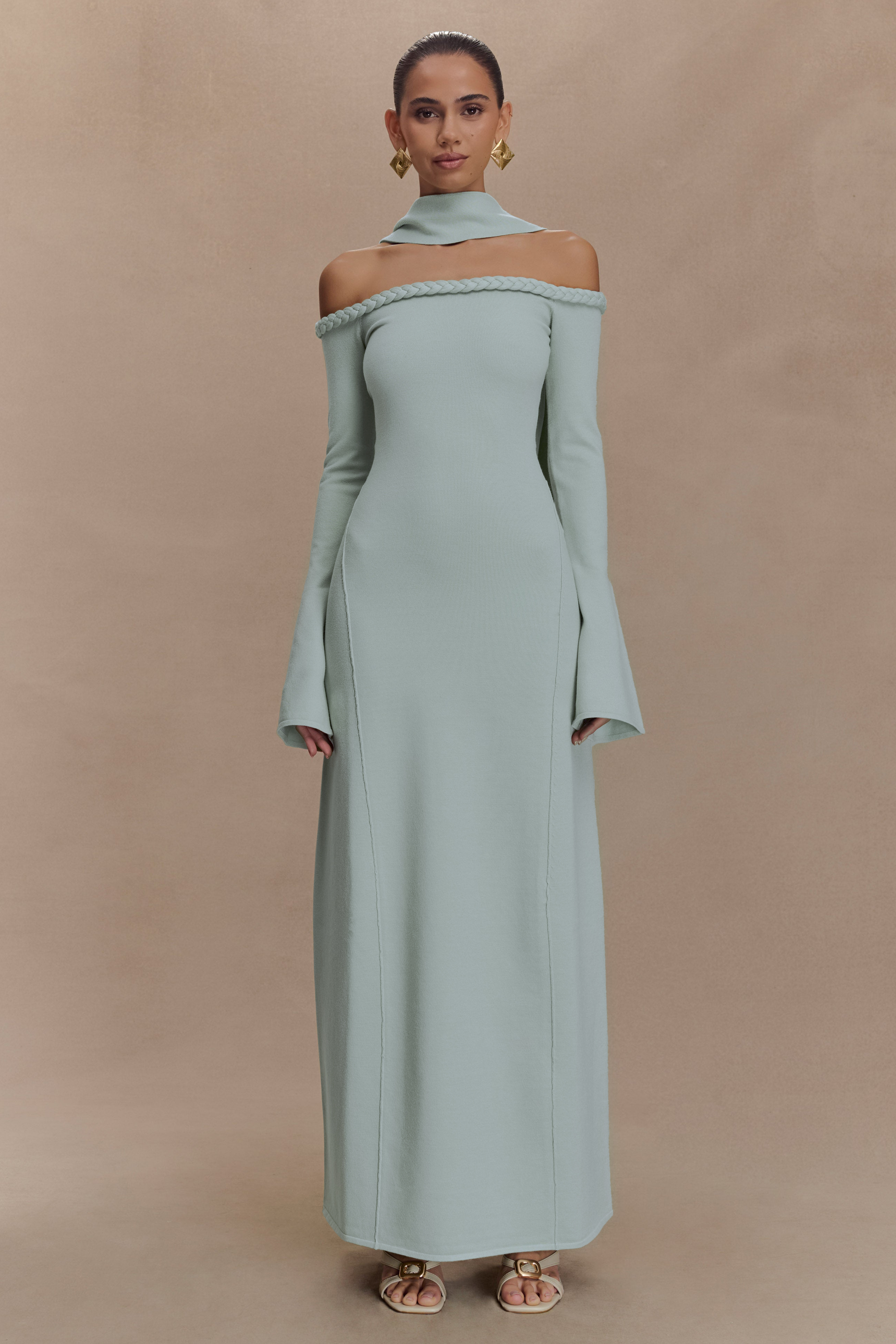 Knotted Off Shoulder Maxi Dress With Scarf