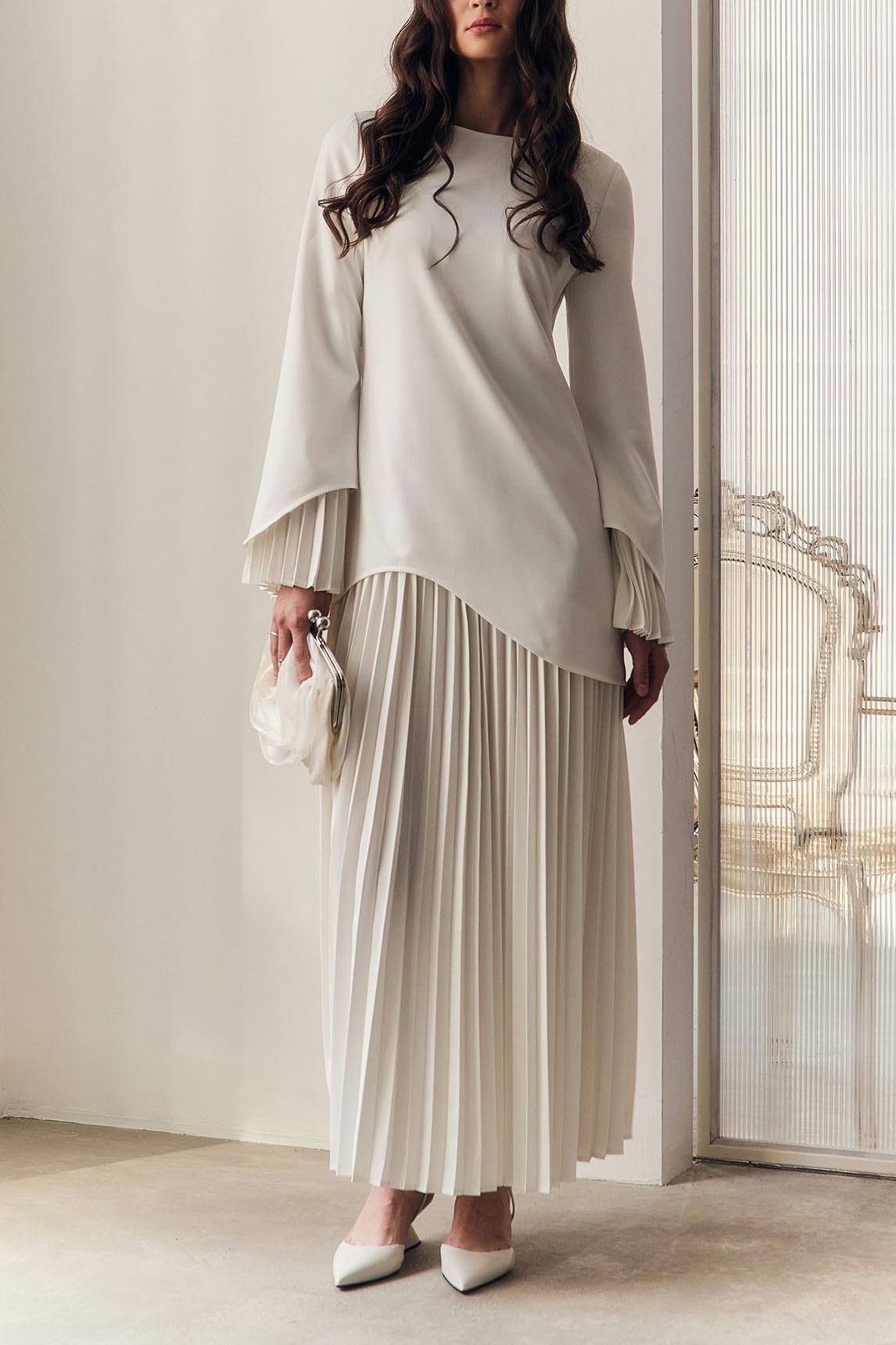 Pleated Bell Sleeve Top & High Waist Midi Skirt Set