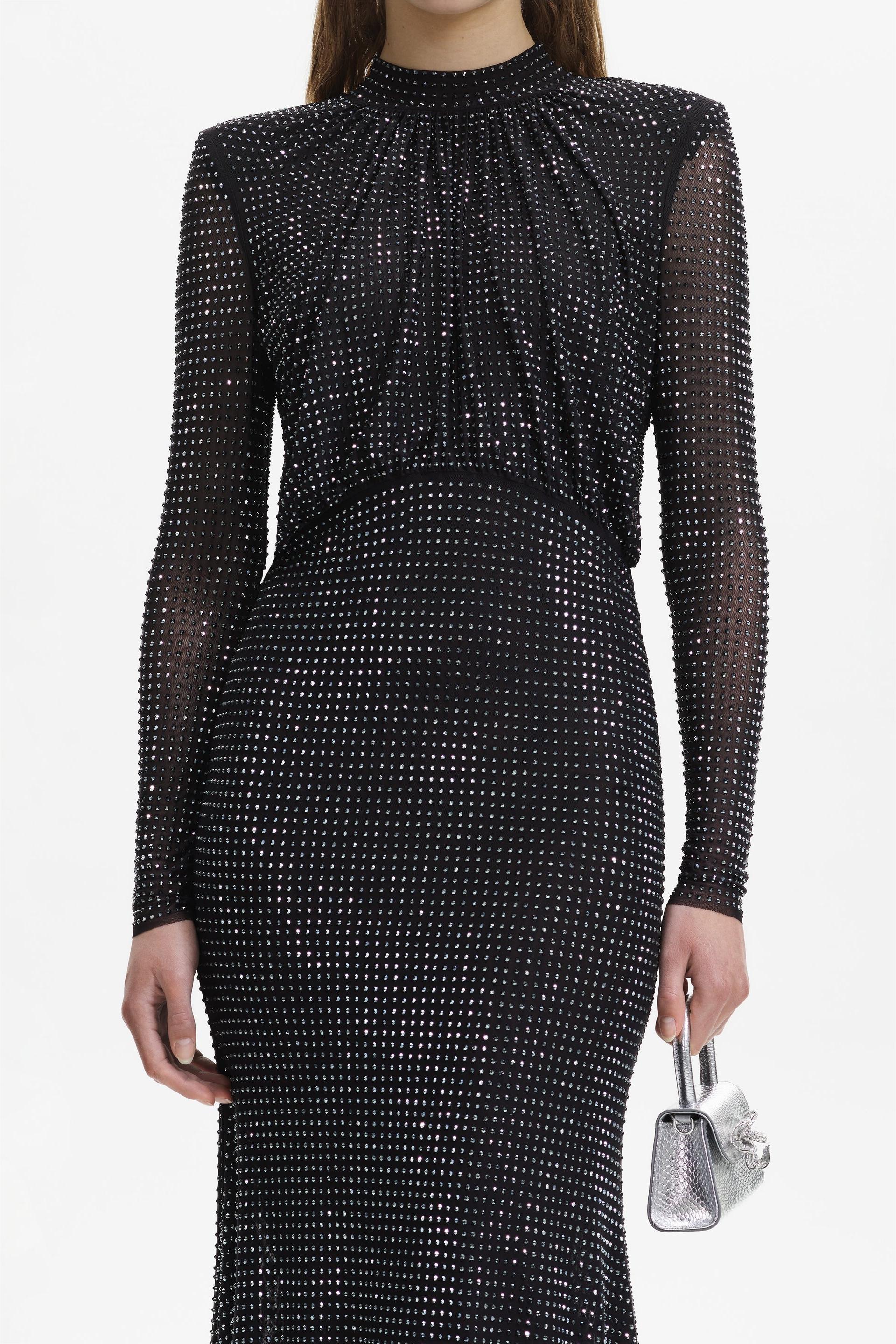 Rhinestone Stand Collar Solid Mermaid Maxi Dress