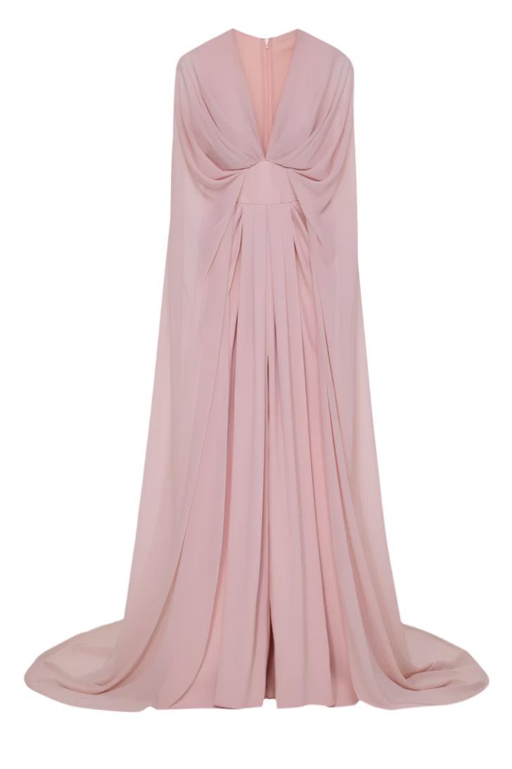 Chiffon Pleated V-Neck Cape Sleeve Maxi Dress