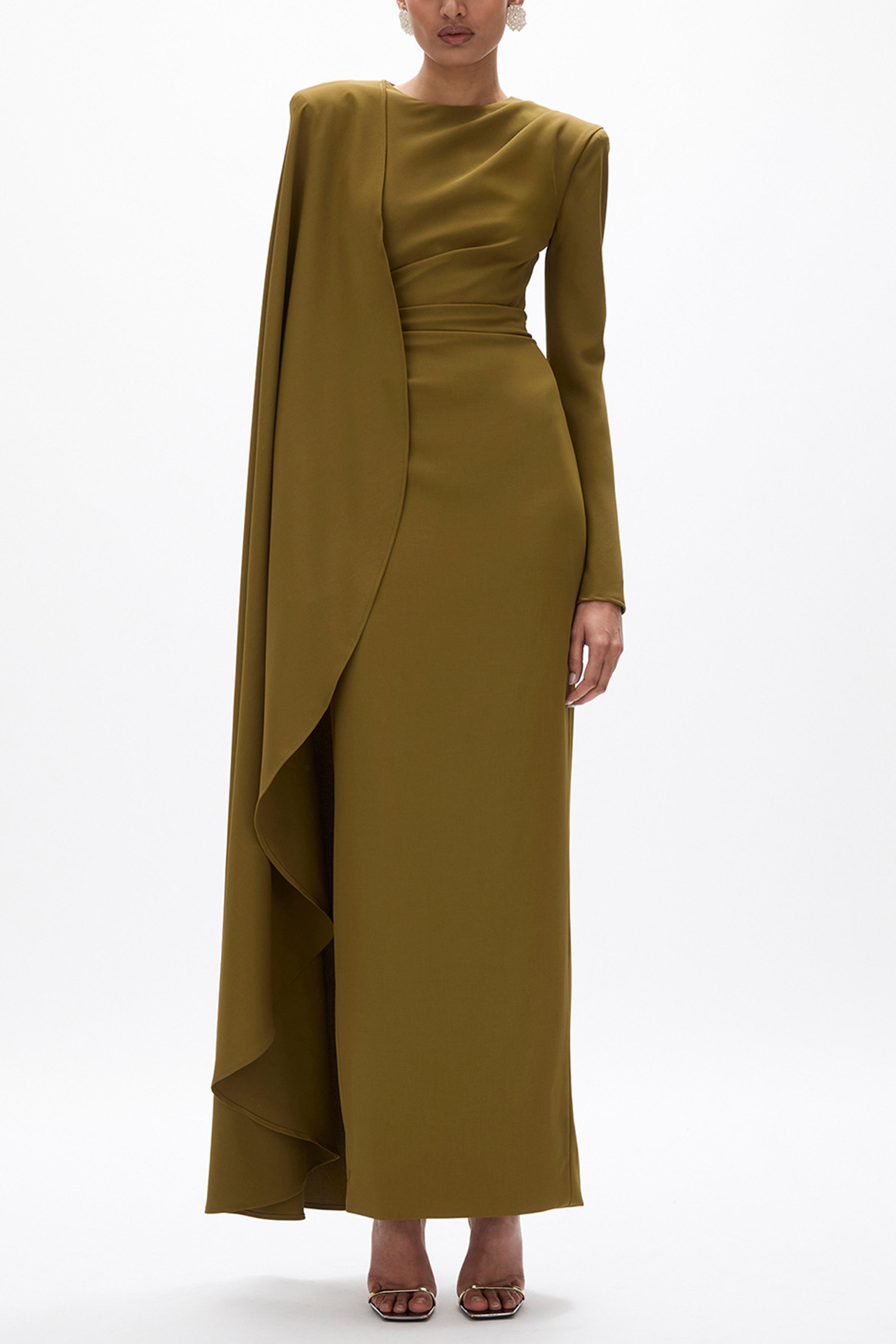 Pleated Round Neck Cape Maxi Dress
