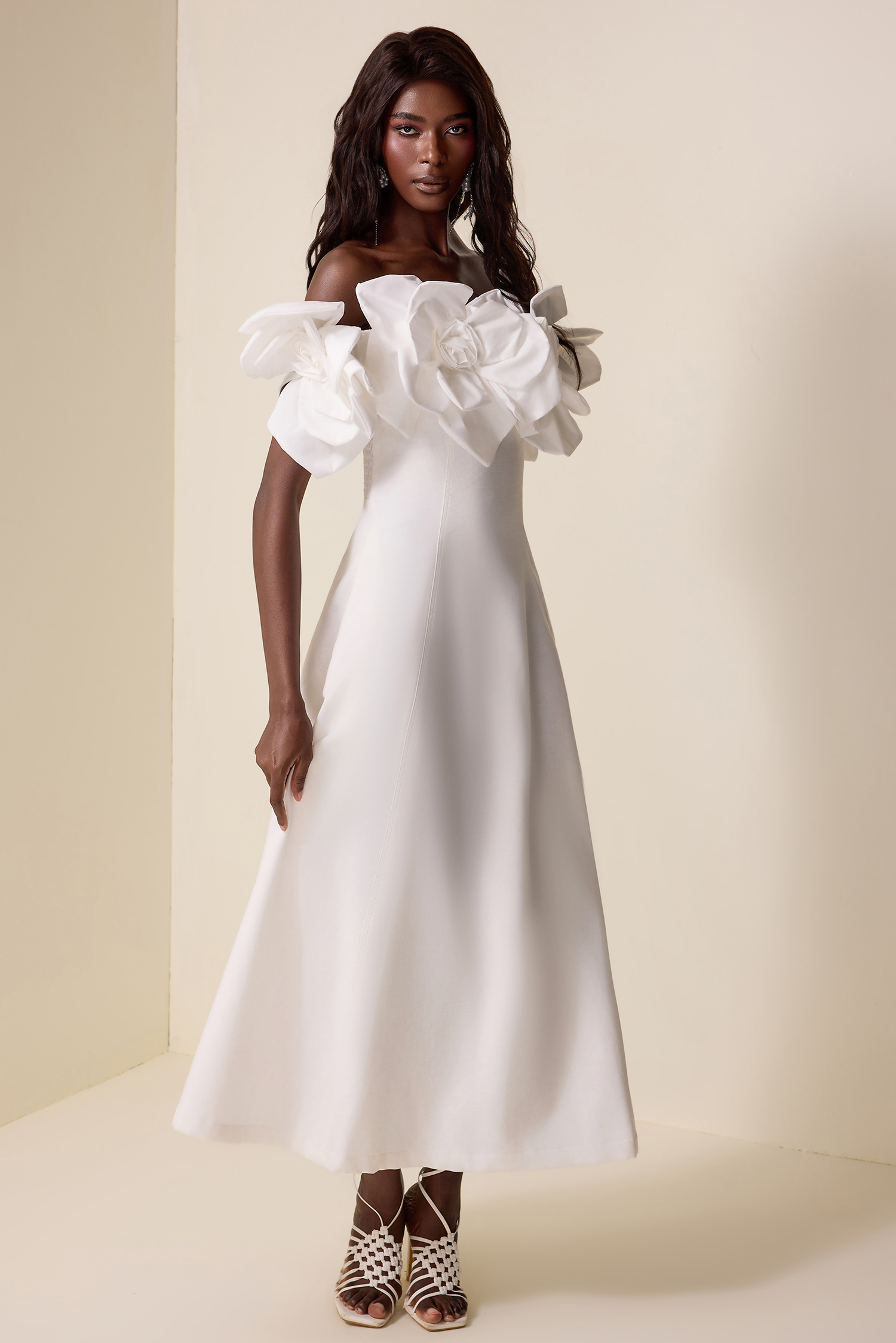 3D Flower Solid Off-Shoulder Midi Dress