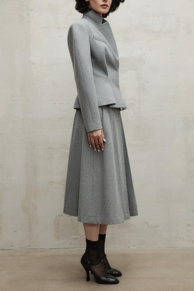 Woolen Flapped  Blazer & High Waist Midi Skirt Set