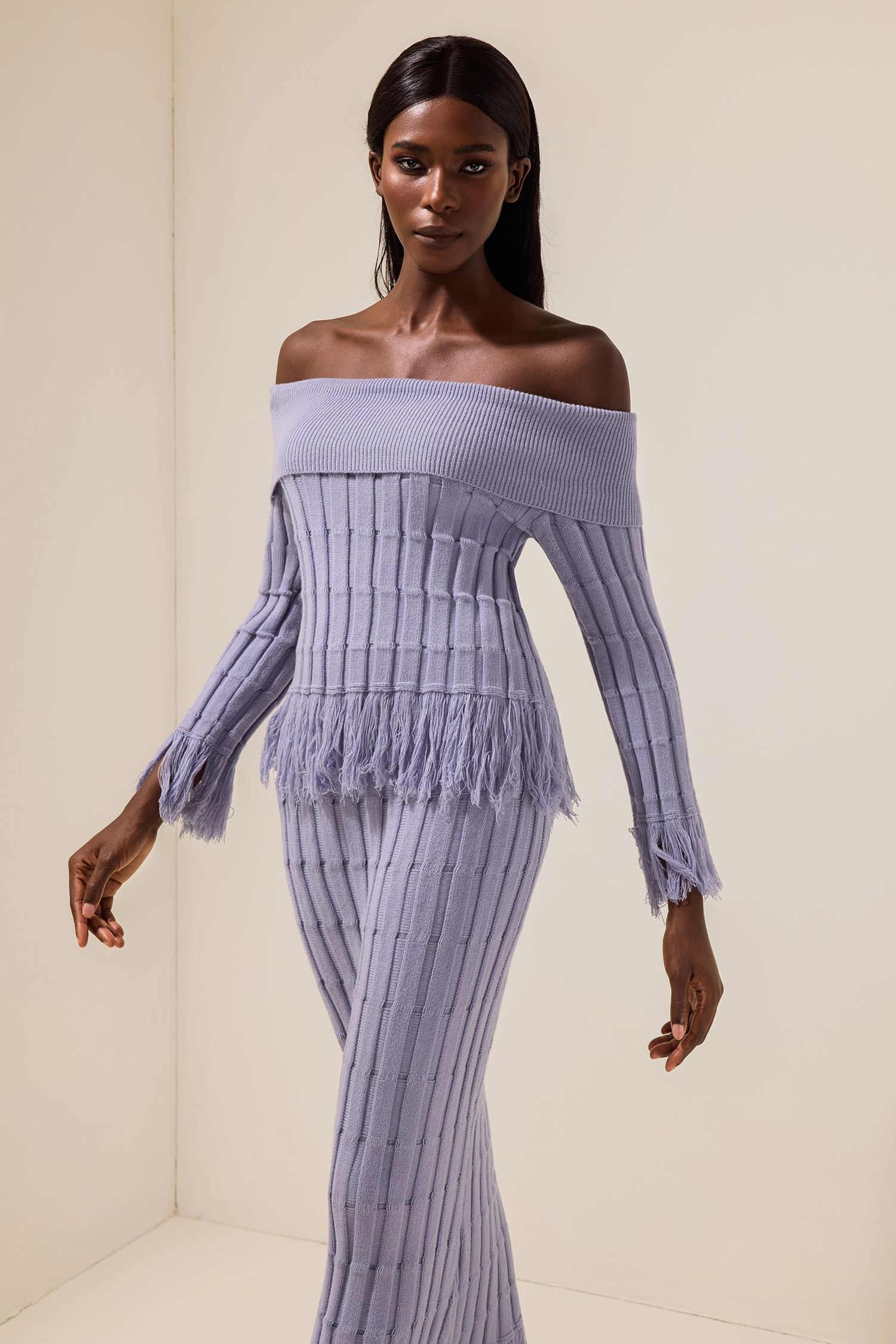 Jersey Off-Shoulder Long Sleeve Top & Tassel High Waist Midi Skirt Set