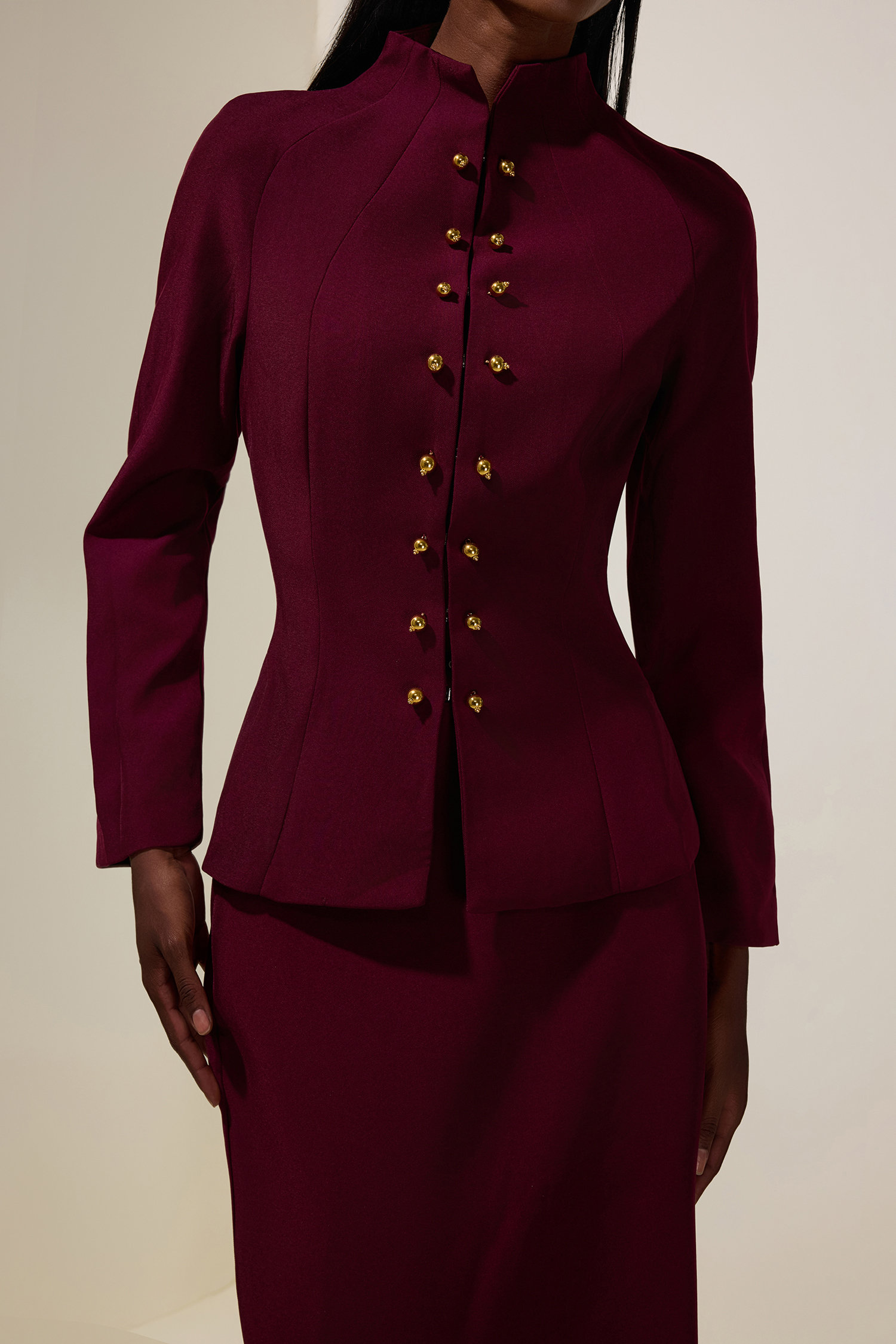 Metal Button Stand Collar Top & Mid Waist Midi Skirt Set