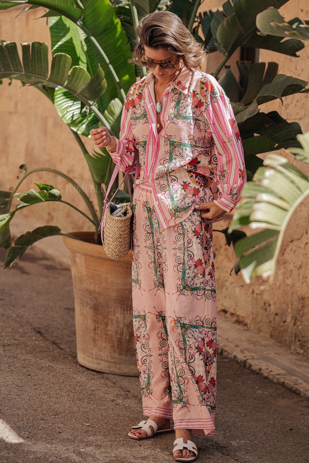 Floral Bottom Long Sleeve Top ＆ Mid Waist Wide Leg Pants Set