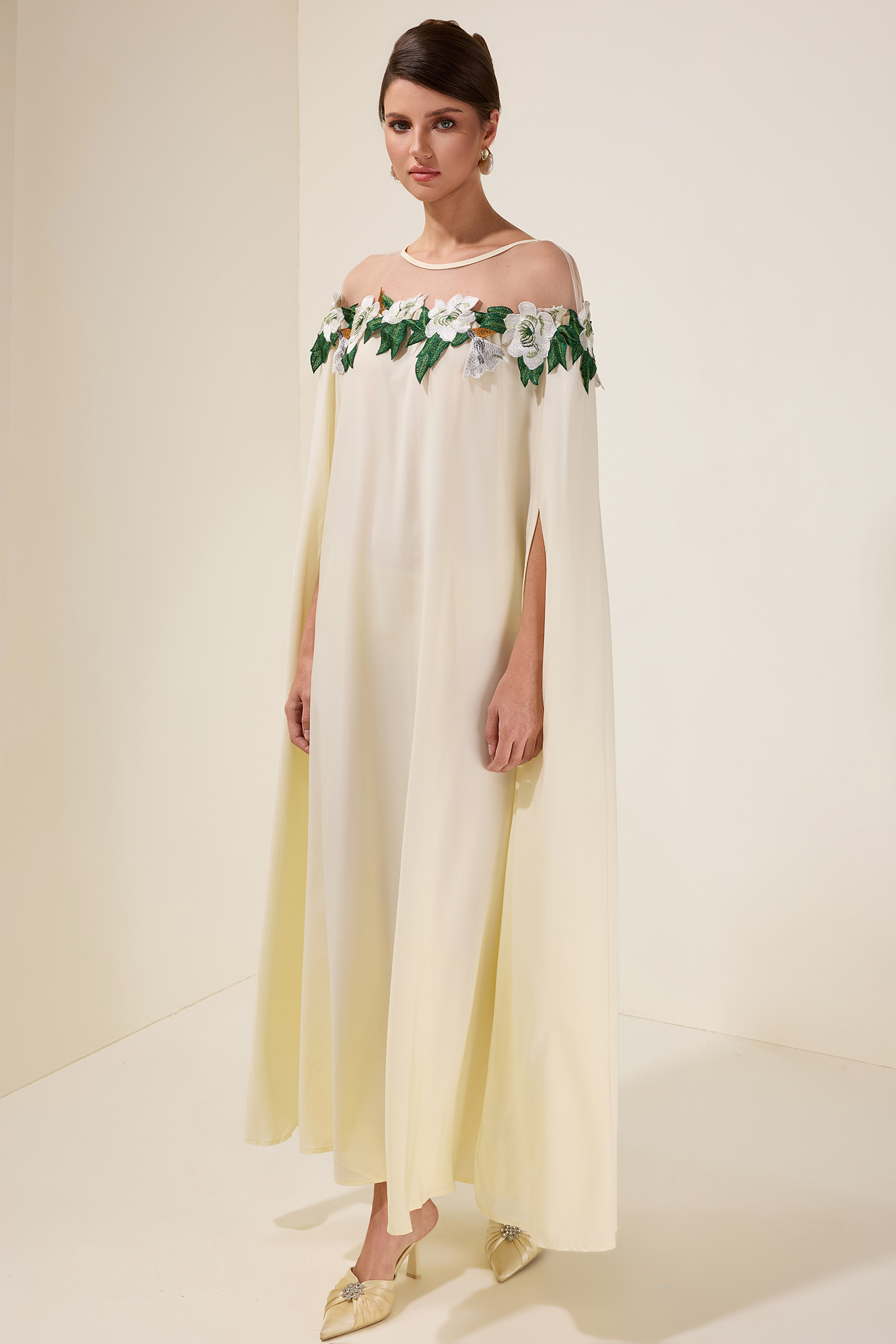 Embroidered Batwing Sleeve Midi Dress