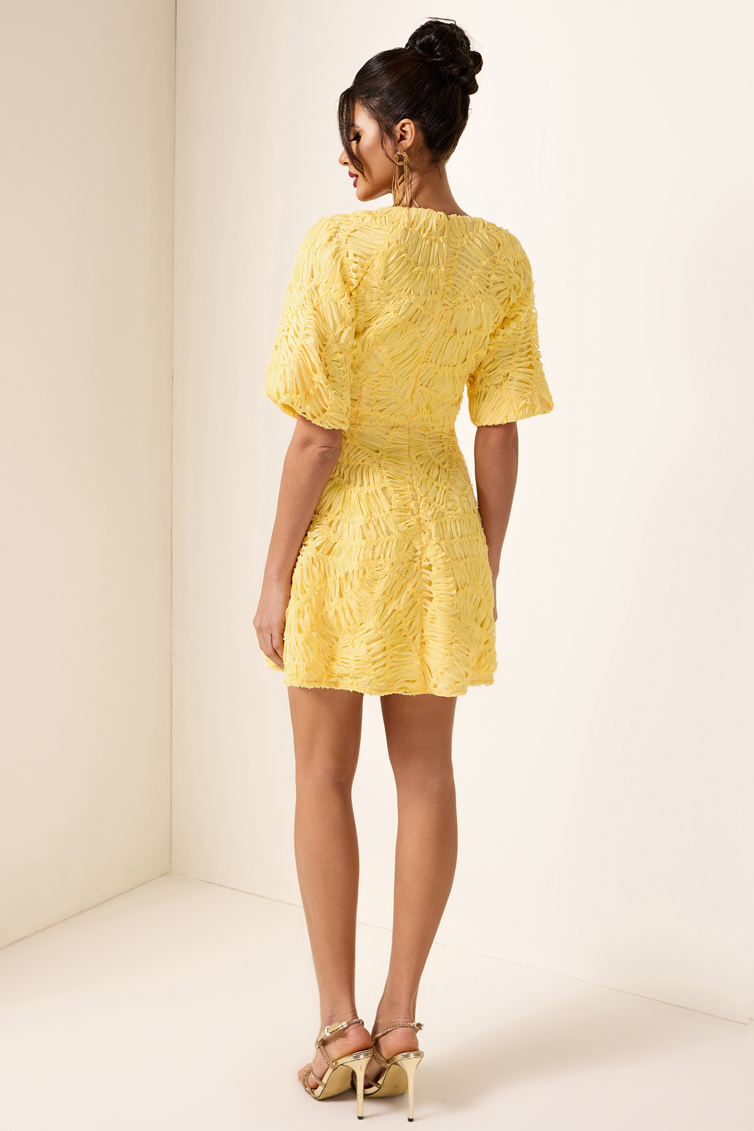 Cut-Out V-Neck Puff Sleeve Mini Dress