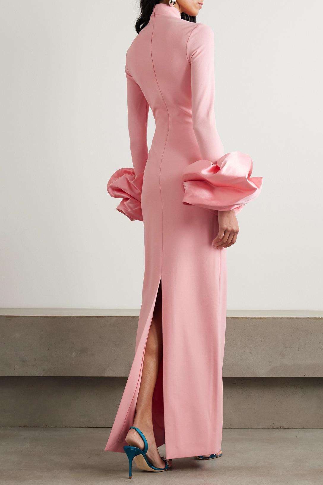 High Neck Faille-Trimmed Slit Midi Dress