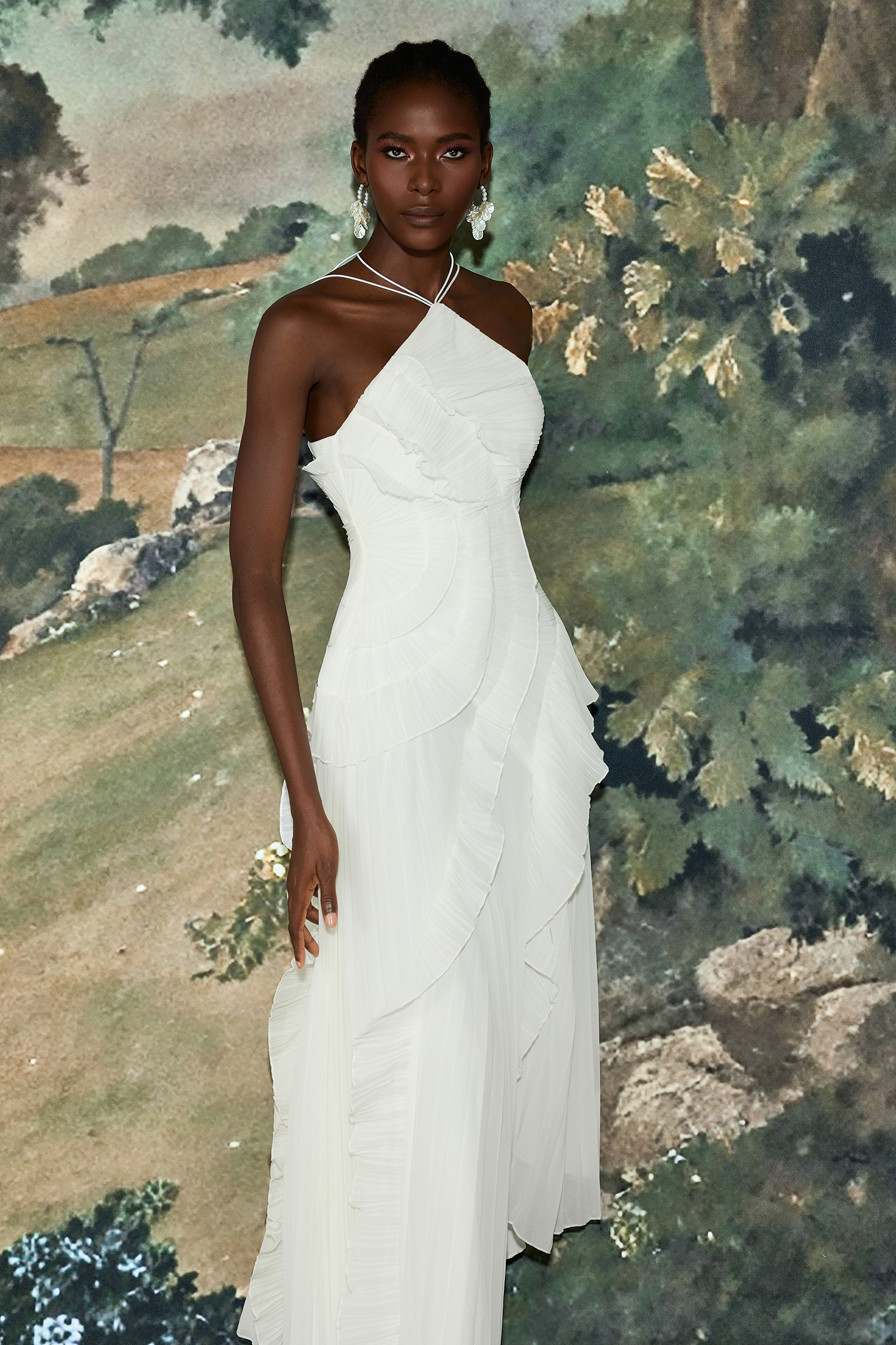 Pleated Frill Halter Neck Midi Dress