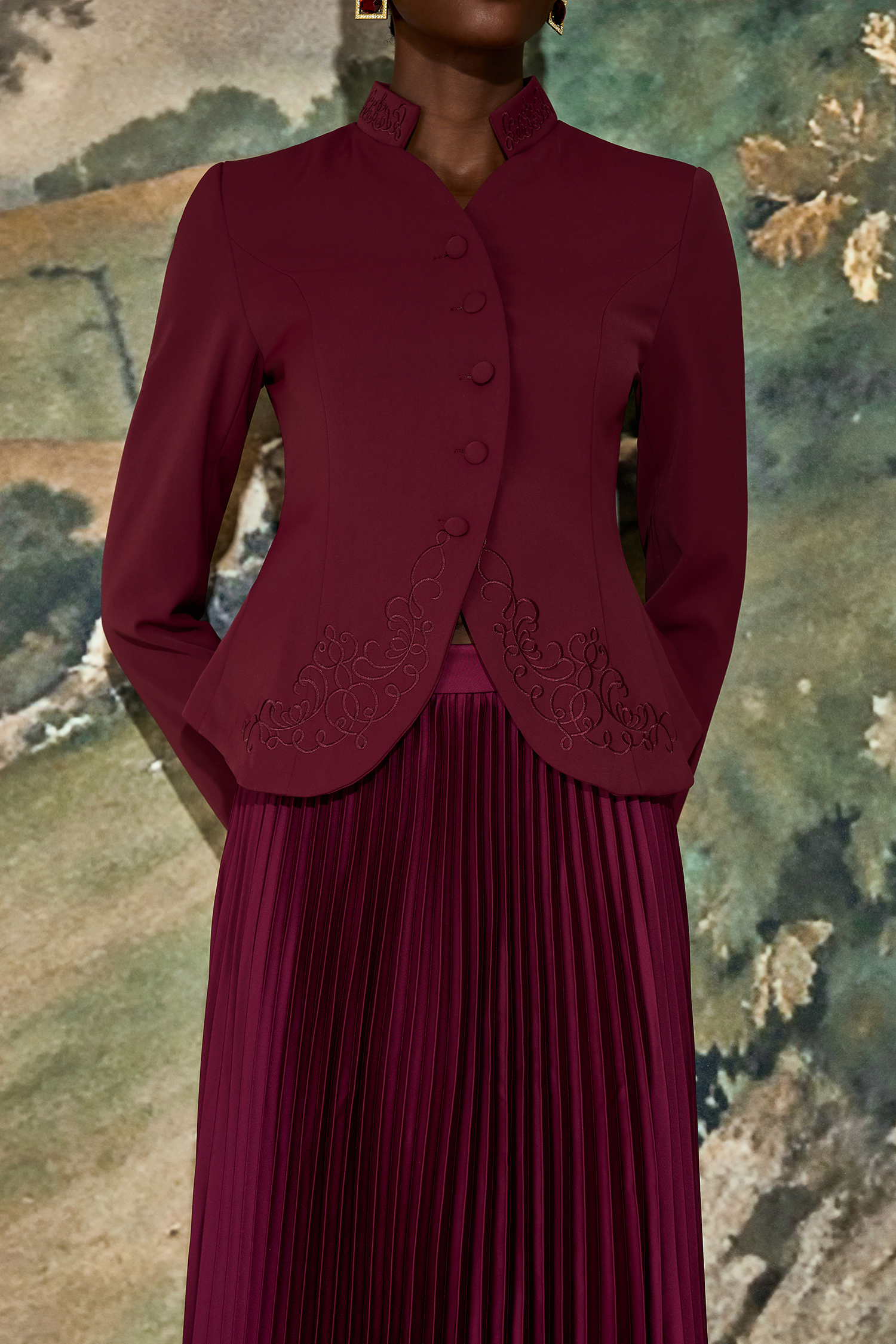 Embroidered Stand Collar Top & High Waist Pleated Maxi Skirt Set