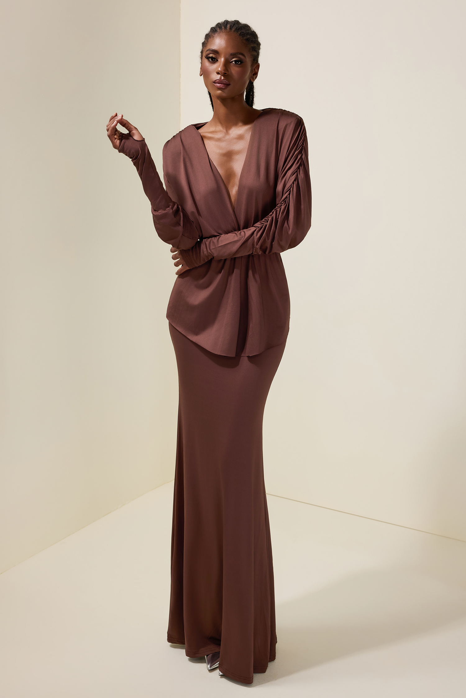 Jersey V-Neck Gathering Top & High Waist Maxi Skirt Set