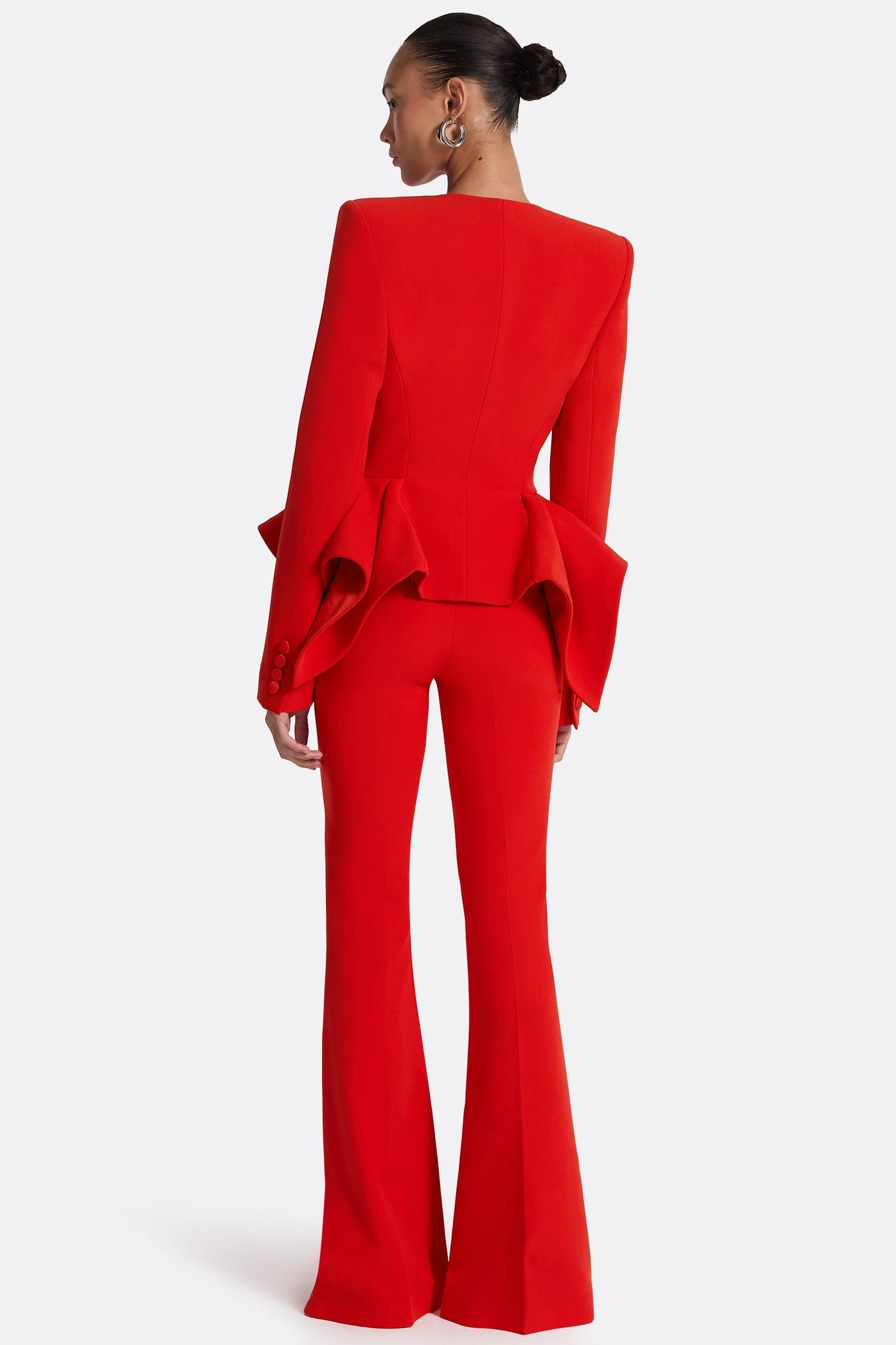 Ruffle V-Neck Blazer & High Waist Pants Set