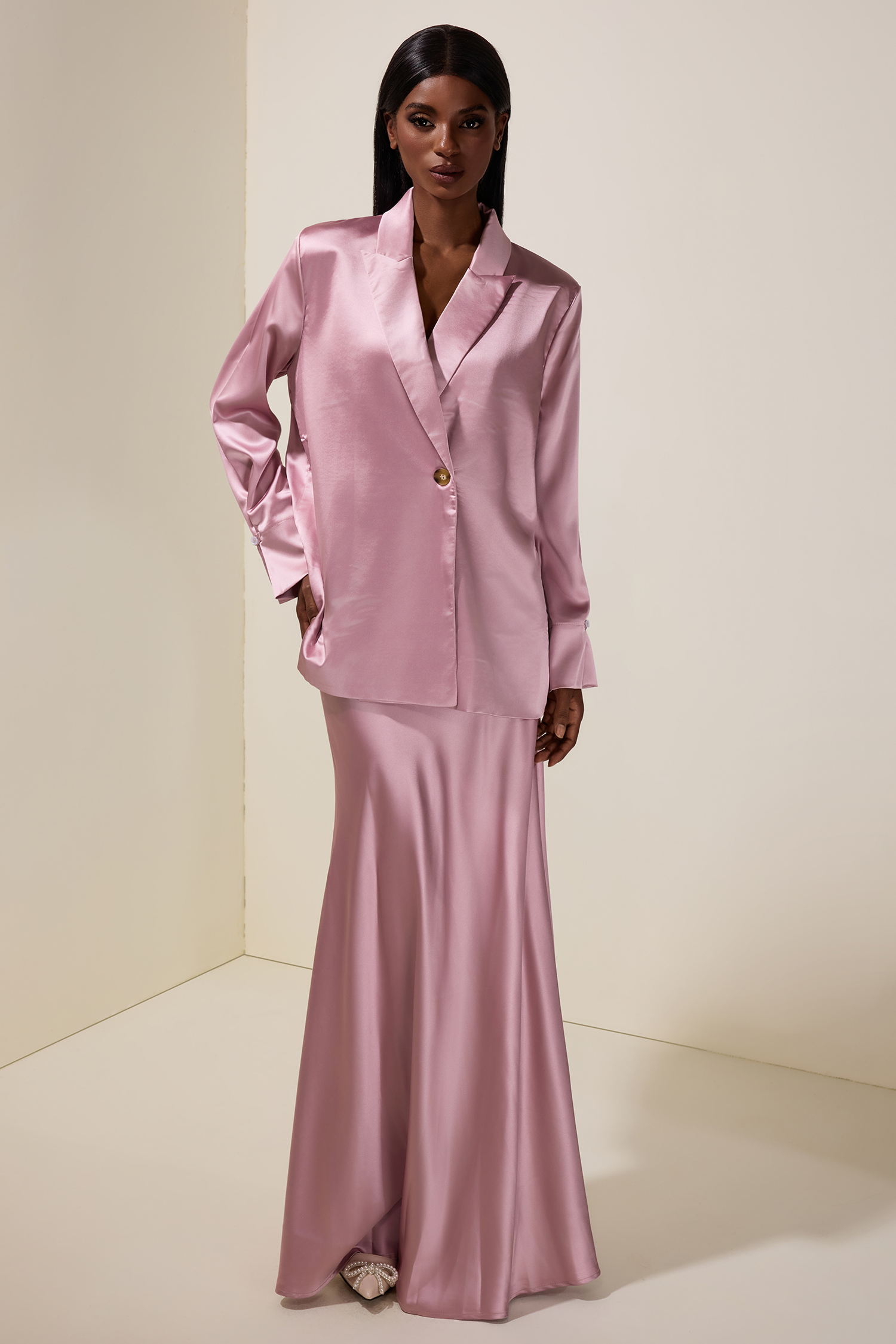 Satin Button Blazer & High Waist Maxi Skirt Set