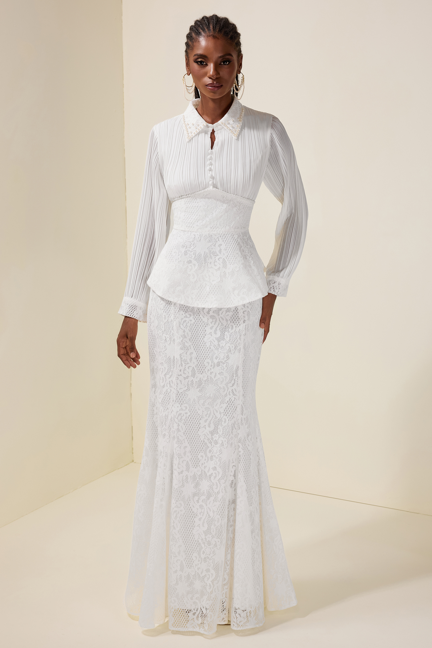 Faux Pearl Pleated Top & Lace High Waist Maxi Skirt Set