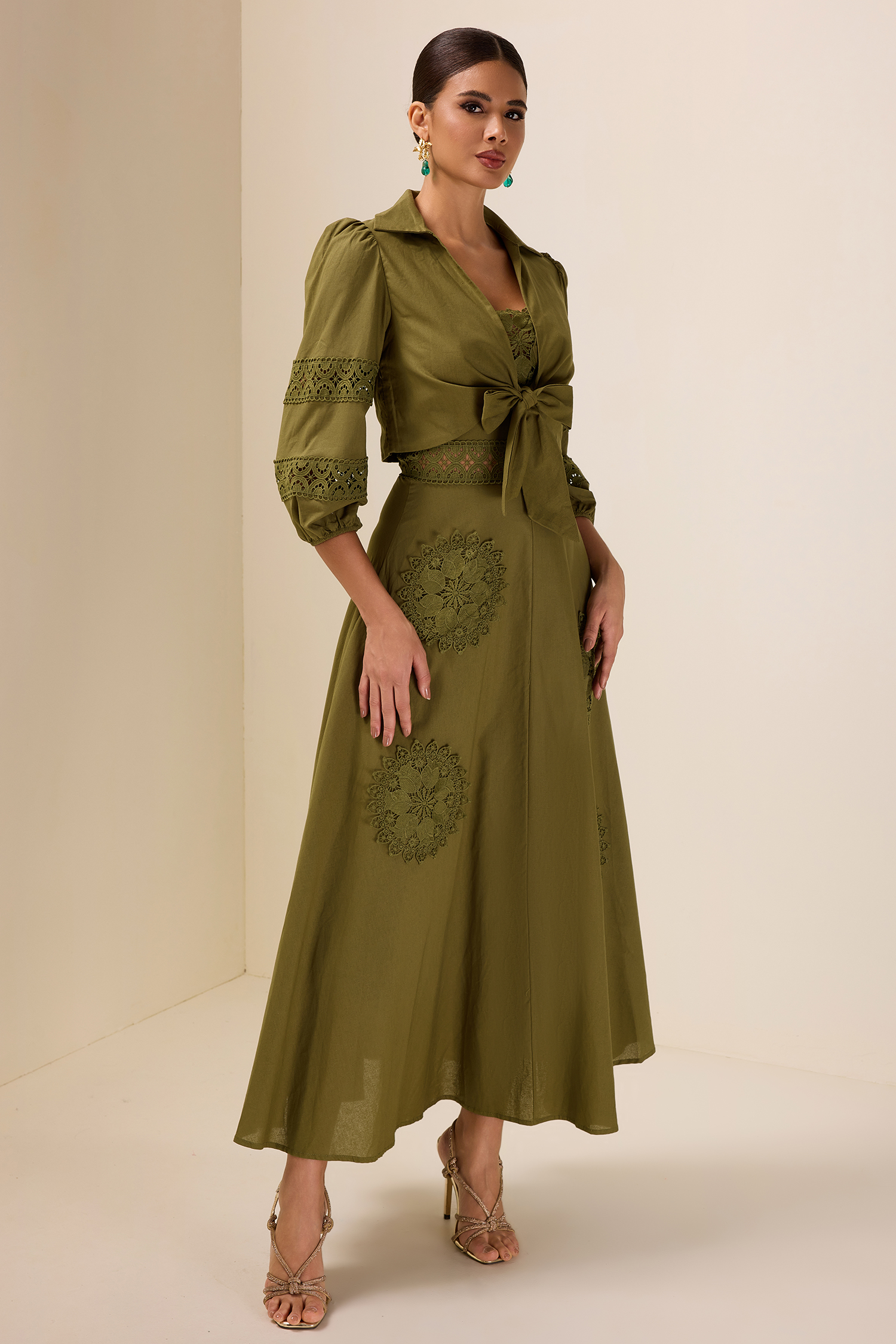 Lace Shirt Collar Lace Up Mini Top & Slip Midi Dress Set