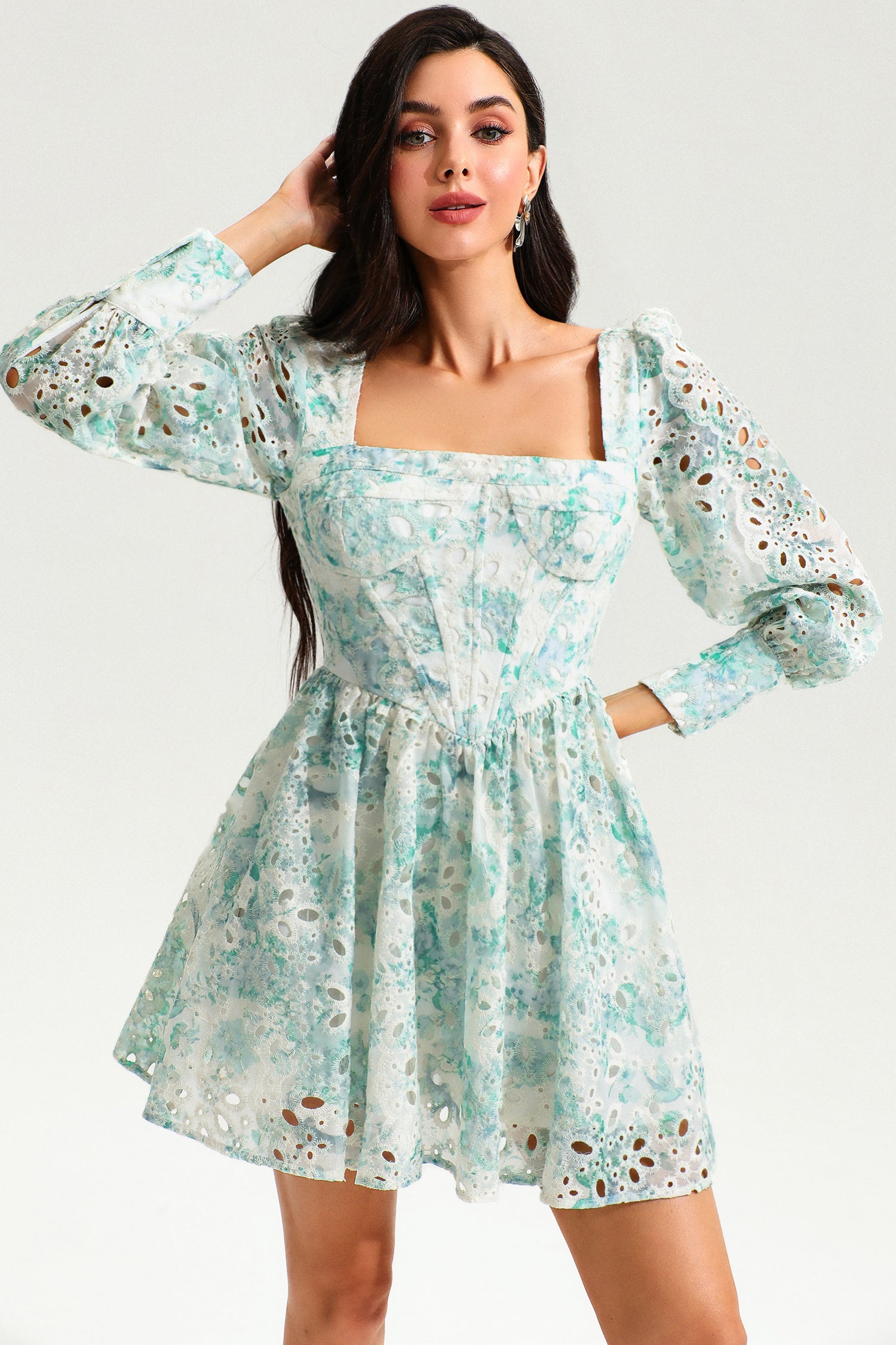 Floral Puff Long Sleeve Ruffle Mini Dress