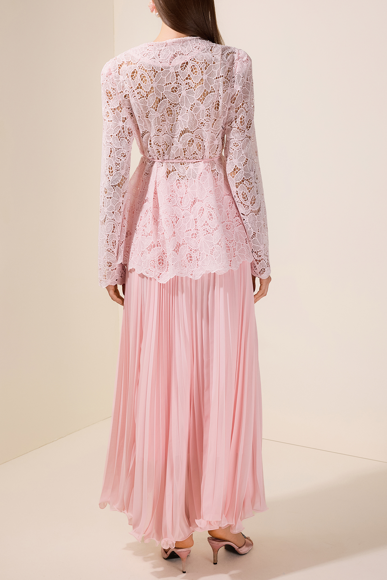 Lace Rhinestone Top With Belt & High Waist Pleated Maxi Skirt Set