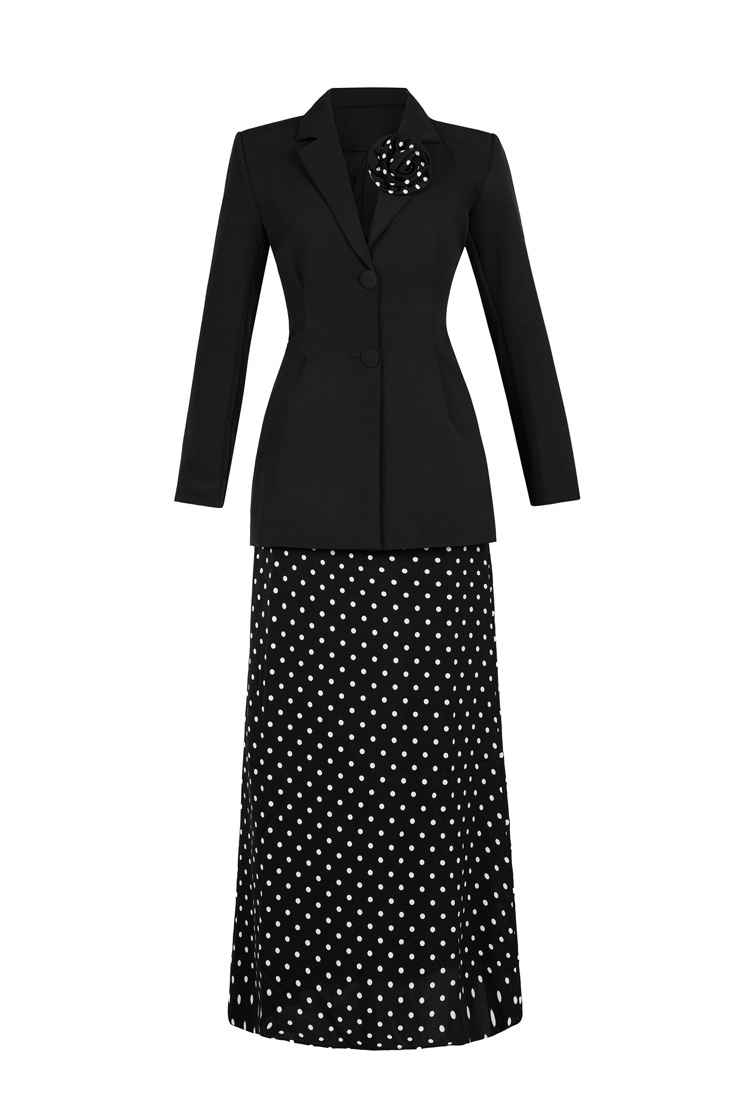3D Flower Kerchief Blazer & Dots Midi Skirt Set