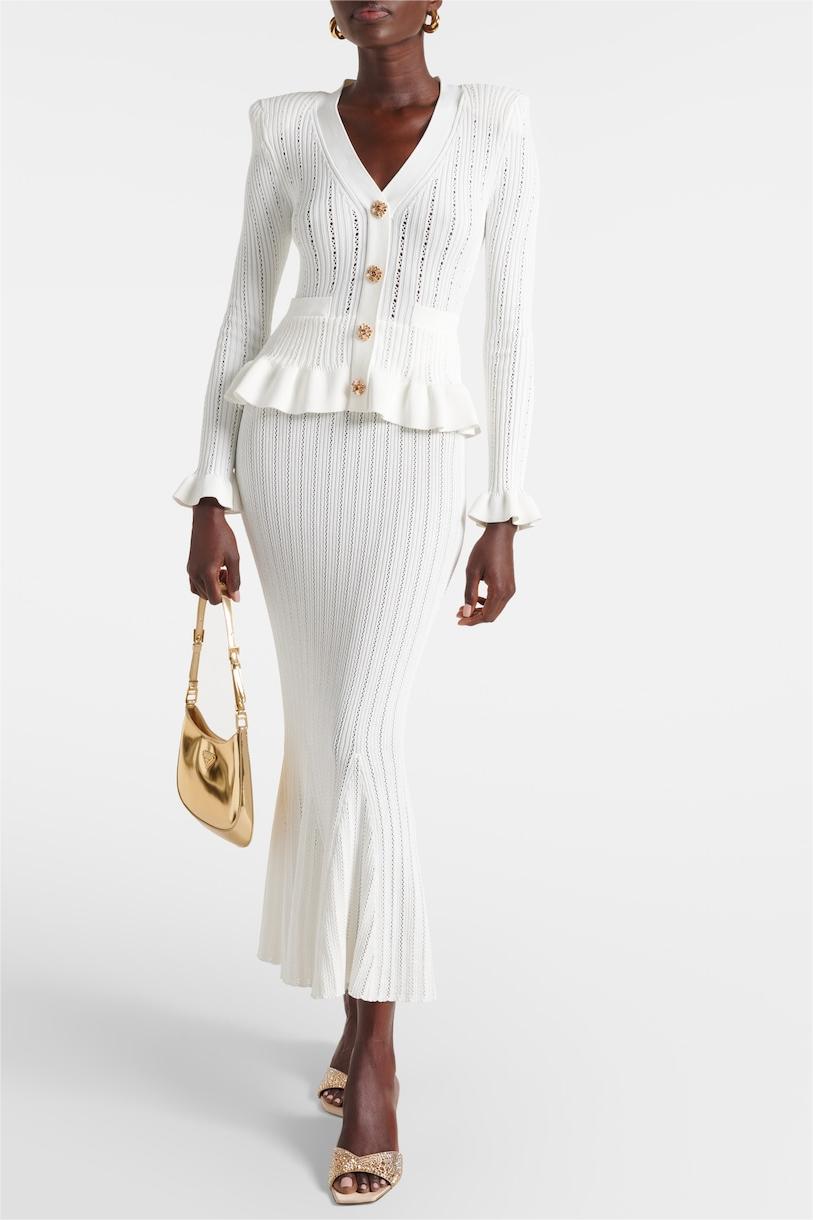 Solid Metal Button Top ＆ High Waist Knit Midi Skirt Set