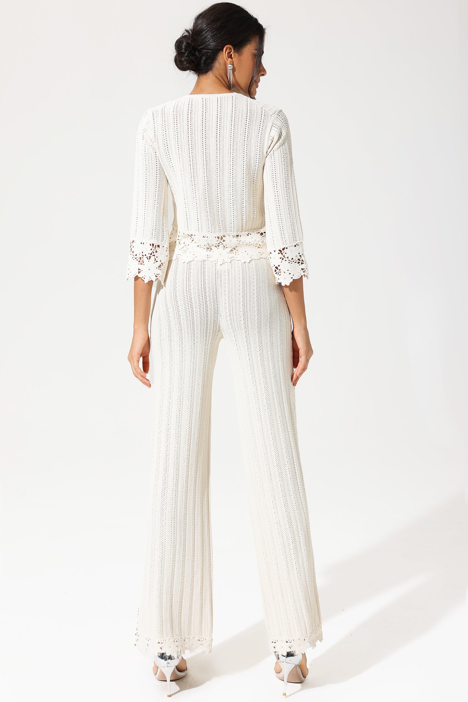 Crew Collar Cut-Out Lace Hem Knit Top & High Waist Lace Pants Set