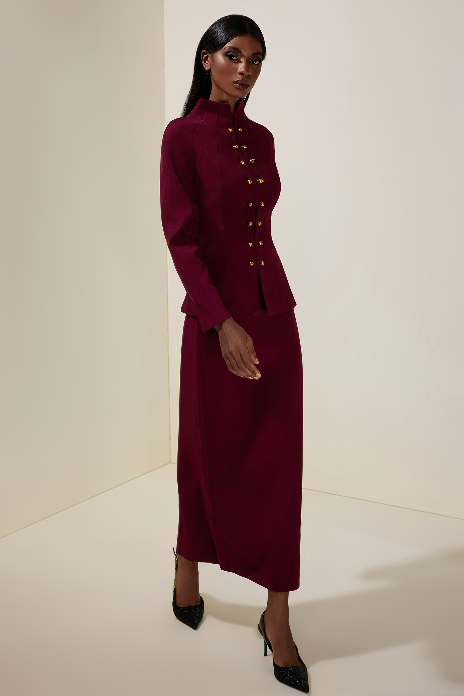 Metal Button Stand Collar Top & Mid Waist Midi Skirt Set