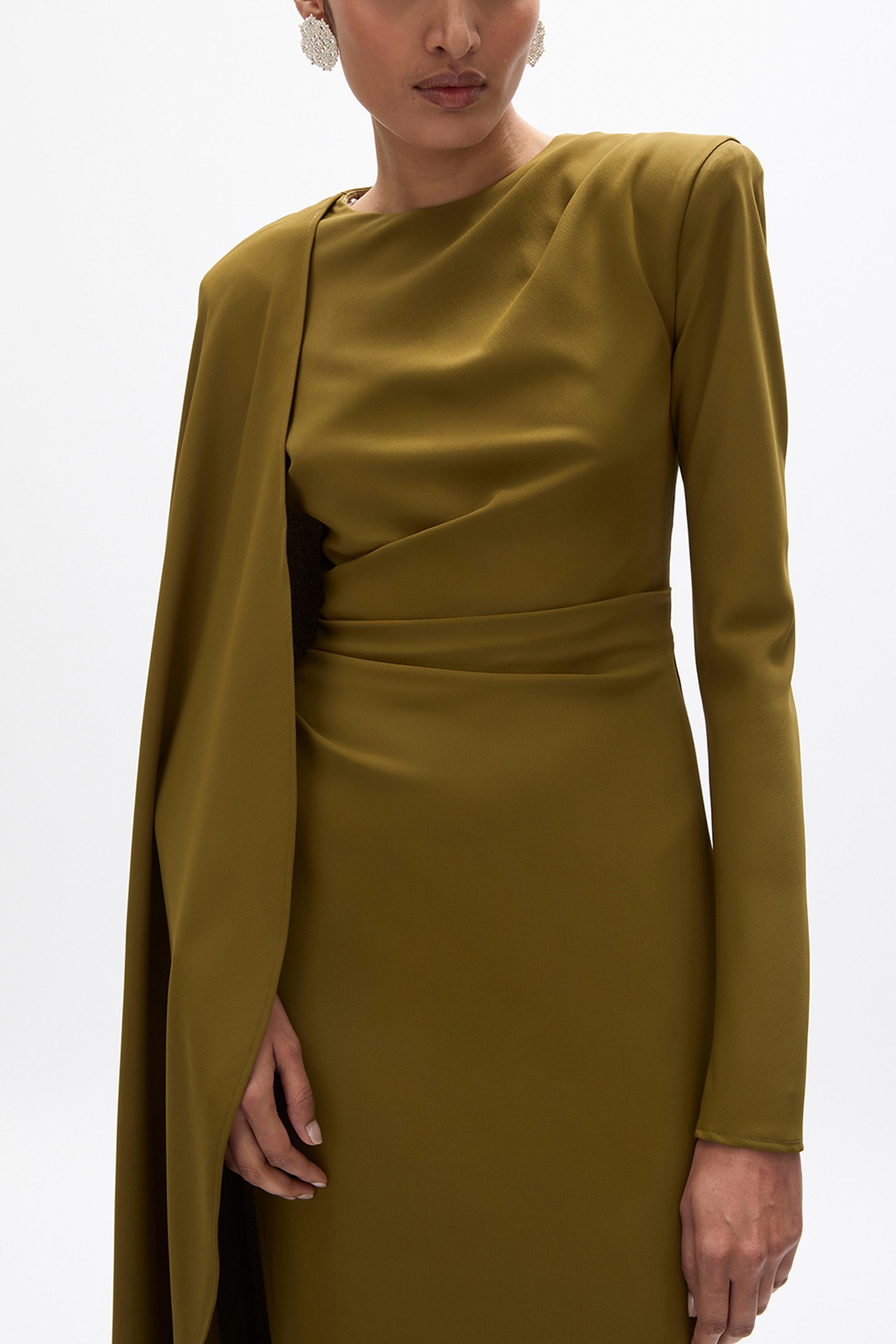 Pleated Round Neck Cape Maxi Dress