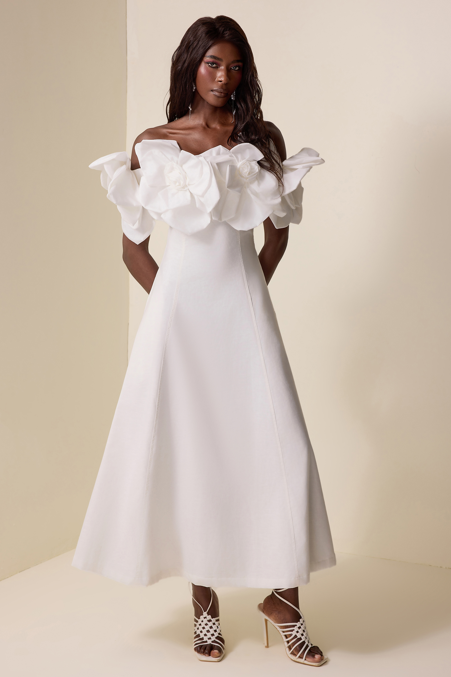 3D Flower Solid Off-Shoulder Midi Dress