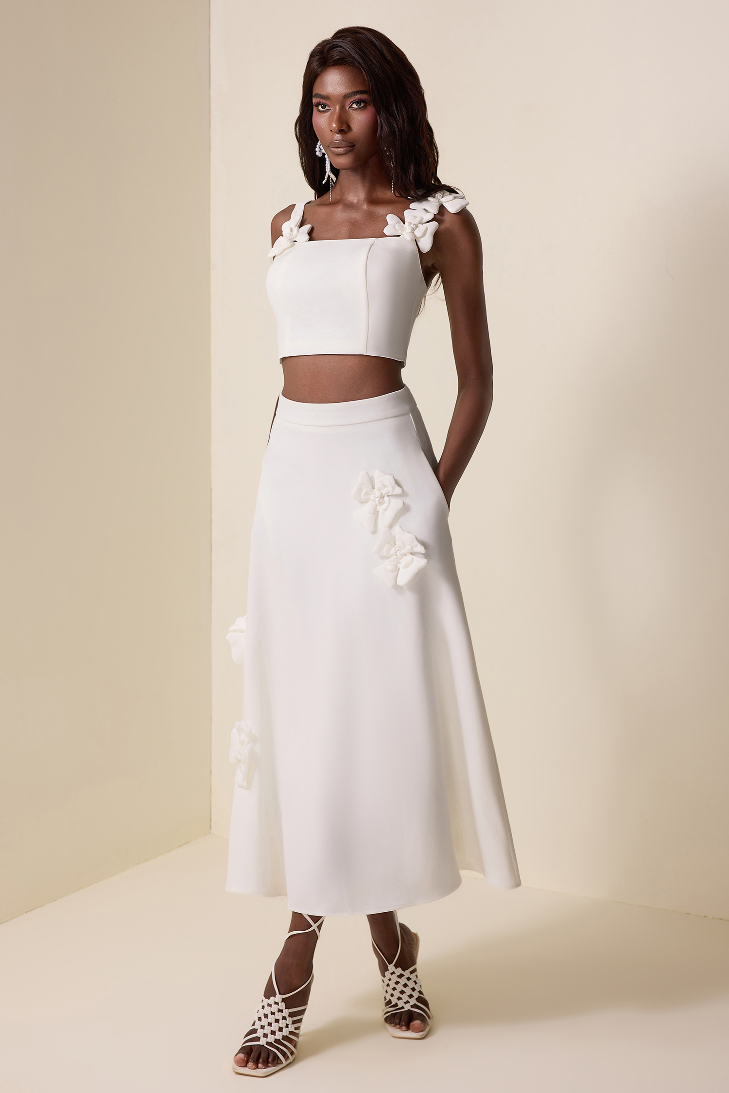 3D Flower Square Collar Solid Top & High Waist Skirt Set