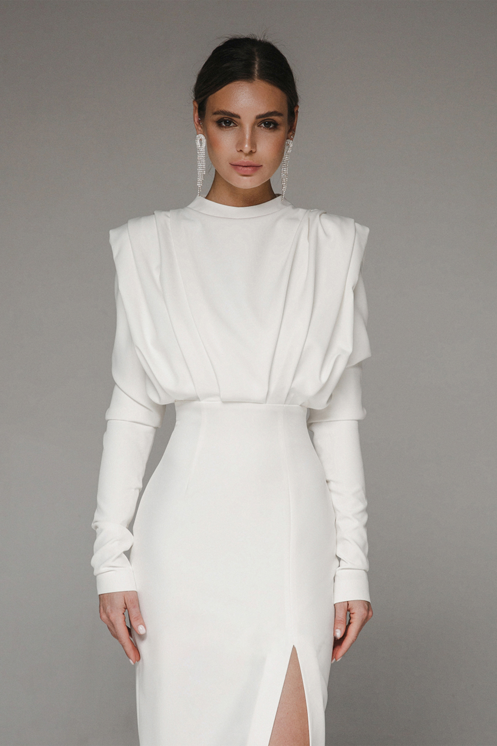 Solid High Split Long Sleeve Midi Dress