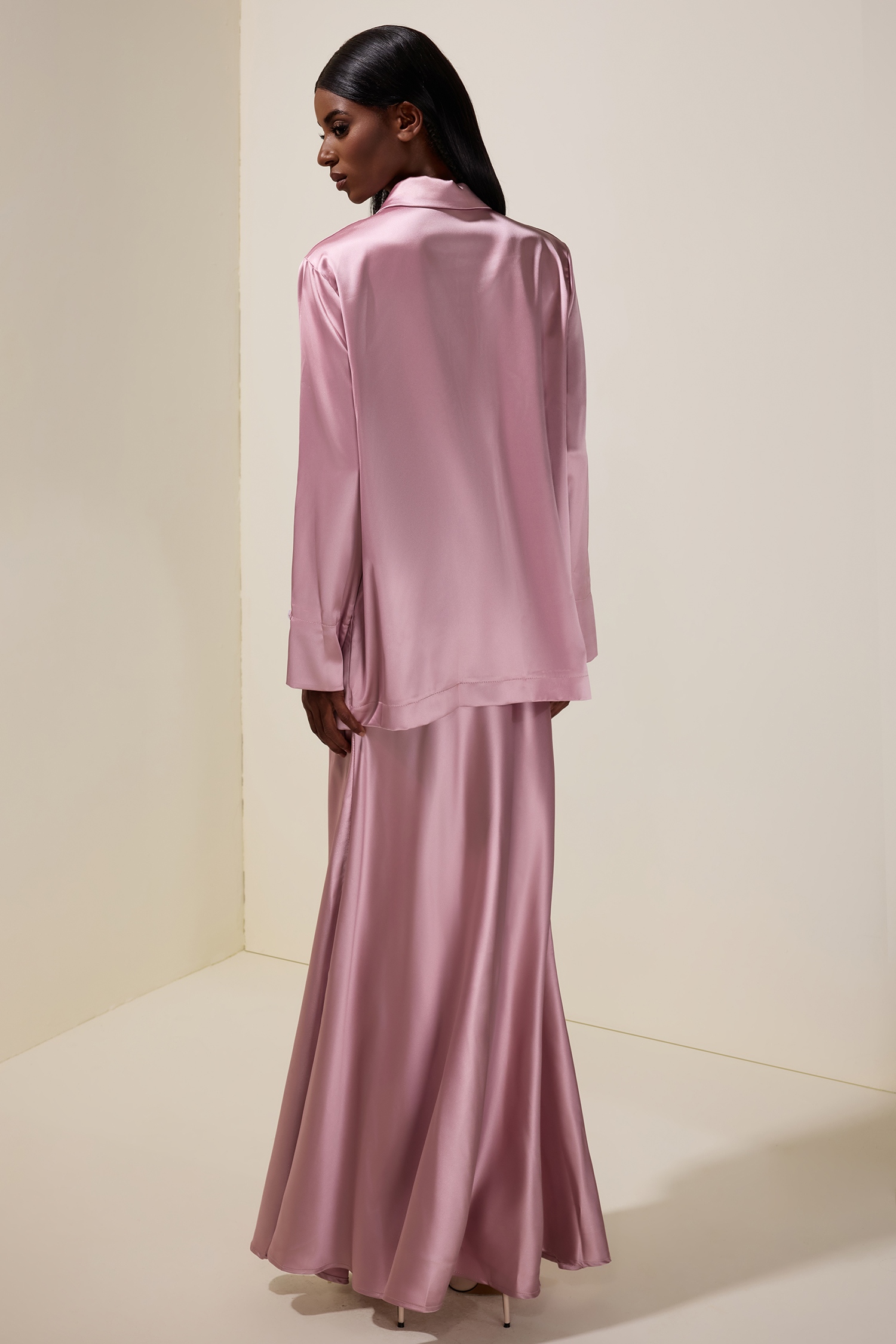 Satin Button Blazer & High Waist Maxi Skirt Set