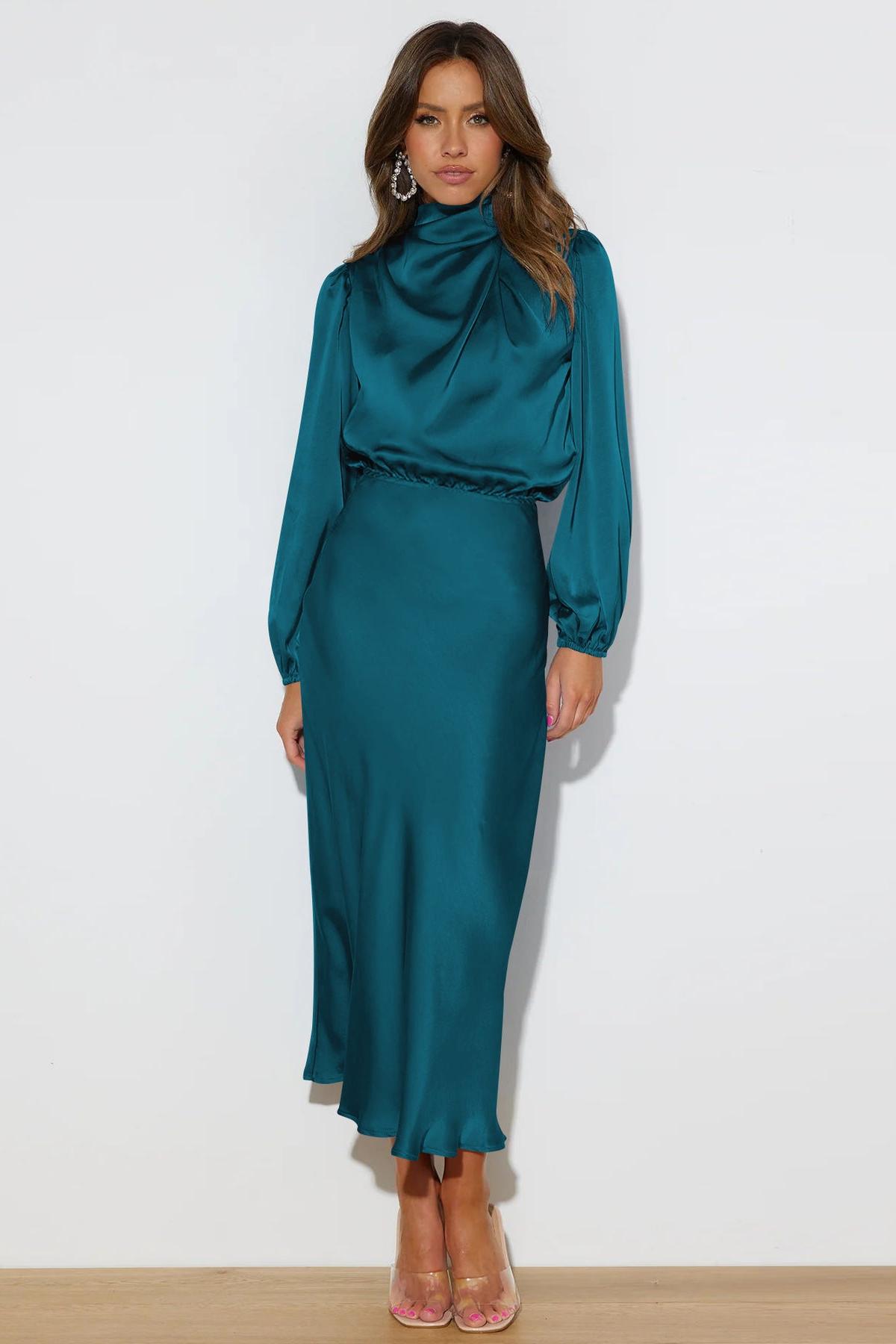 Satin High Neck Long Sleeve Midi Dress