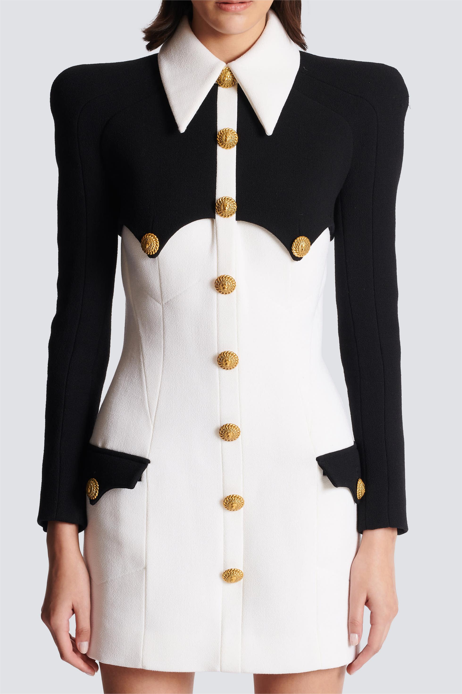 Contrast Color Metal Button Long Sleeve Mini Dress