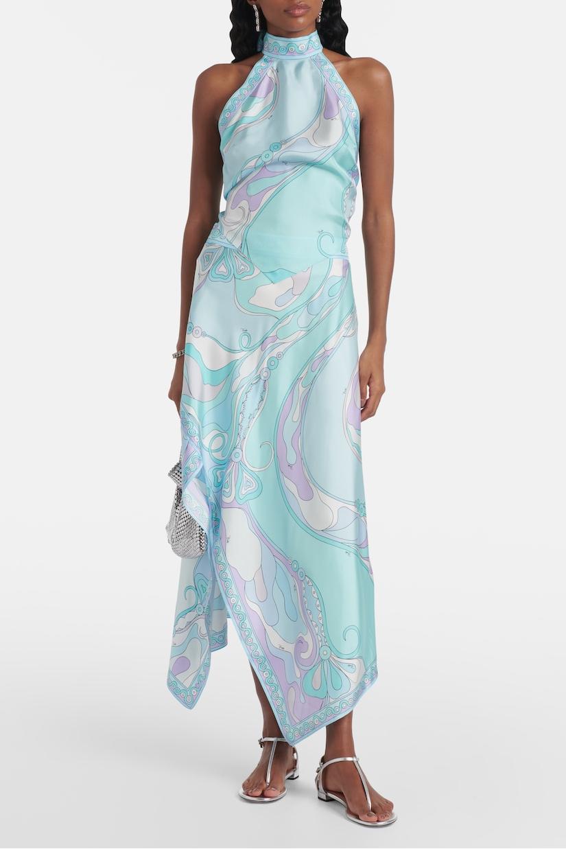 Satin Halter Neck Mini Top & Abstract Print Mid Waist Midi Skirt Set