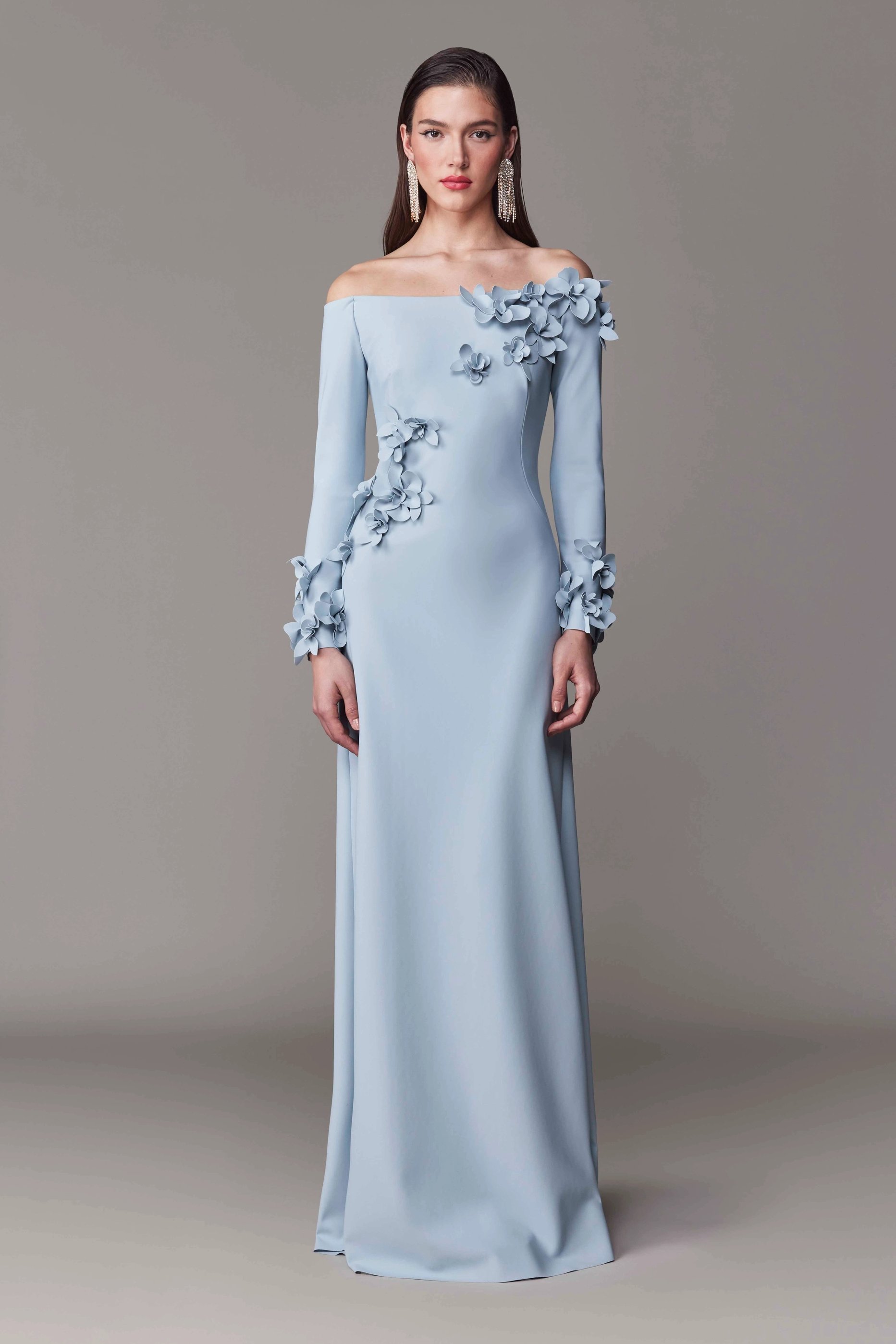 3D Flower Off-Shoulder Solid Maxi Dress