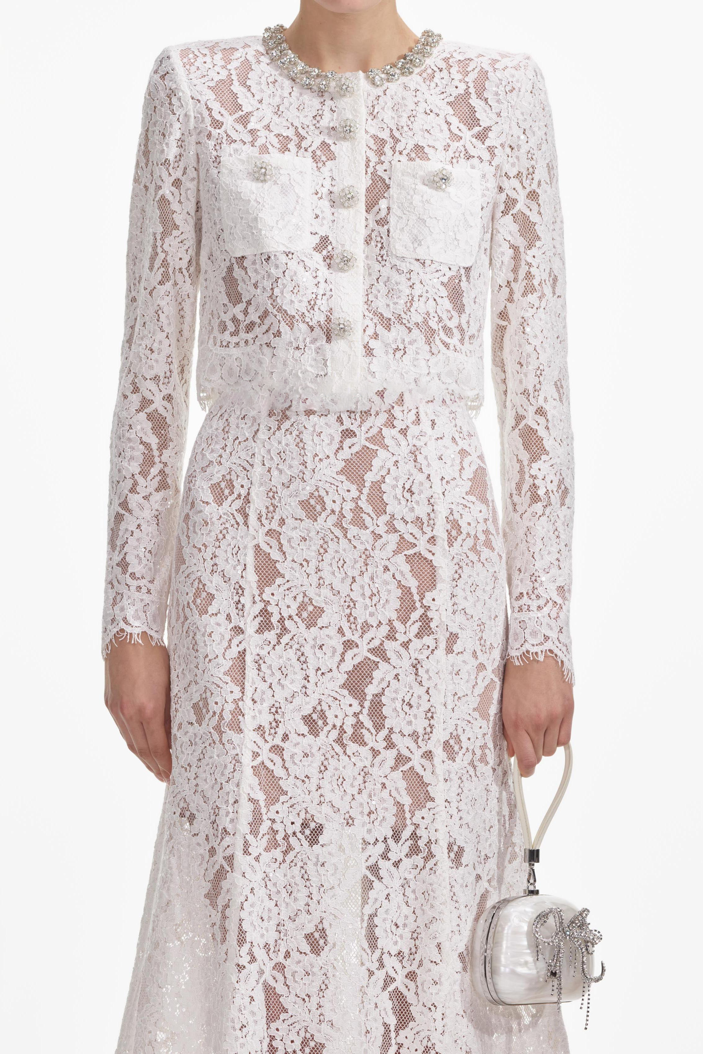 Lace Sequin Rhinestone Long Sleeve Top & High Waist Midi Skirt Set