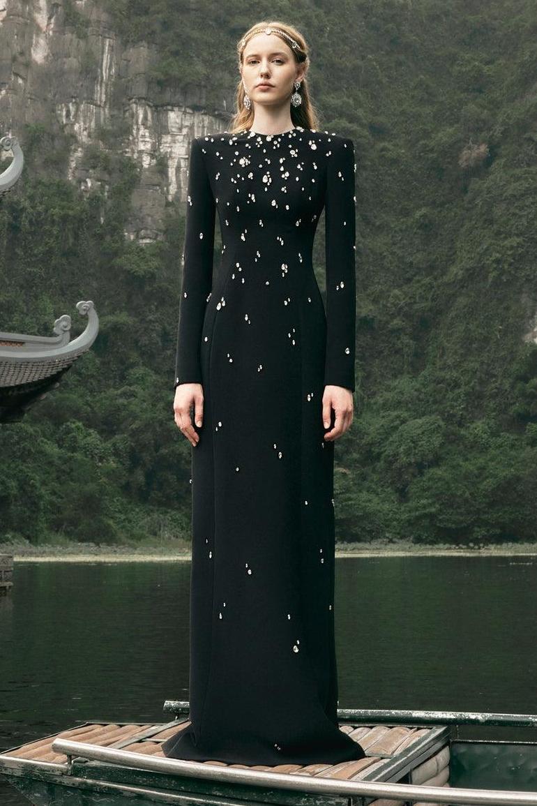 Rhinestone Rivets Long Sleeve Maxi Dress
