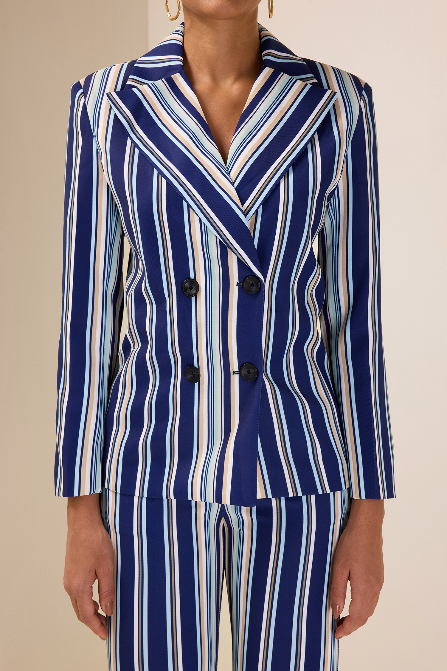 Stripe Button Blazer & High Waist Pocket Pants Set