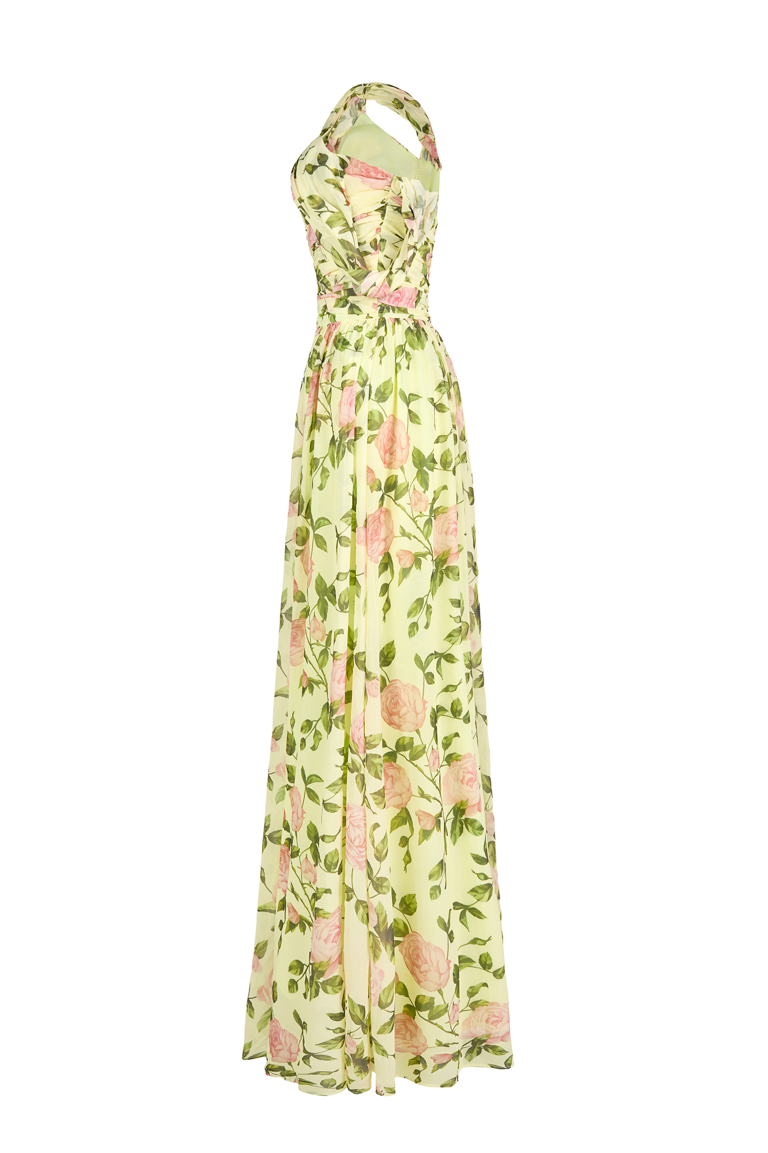Floral Skew Collar Chiffon Maxi Dress
