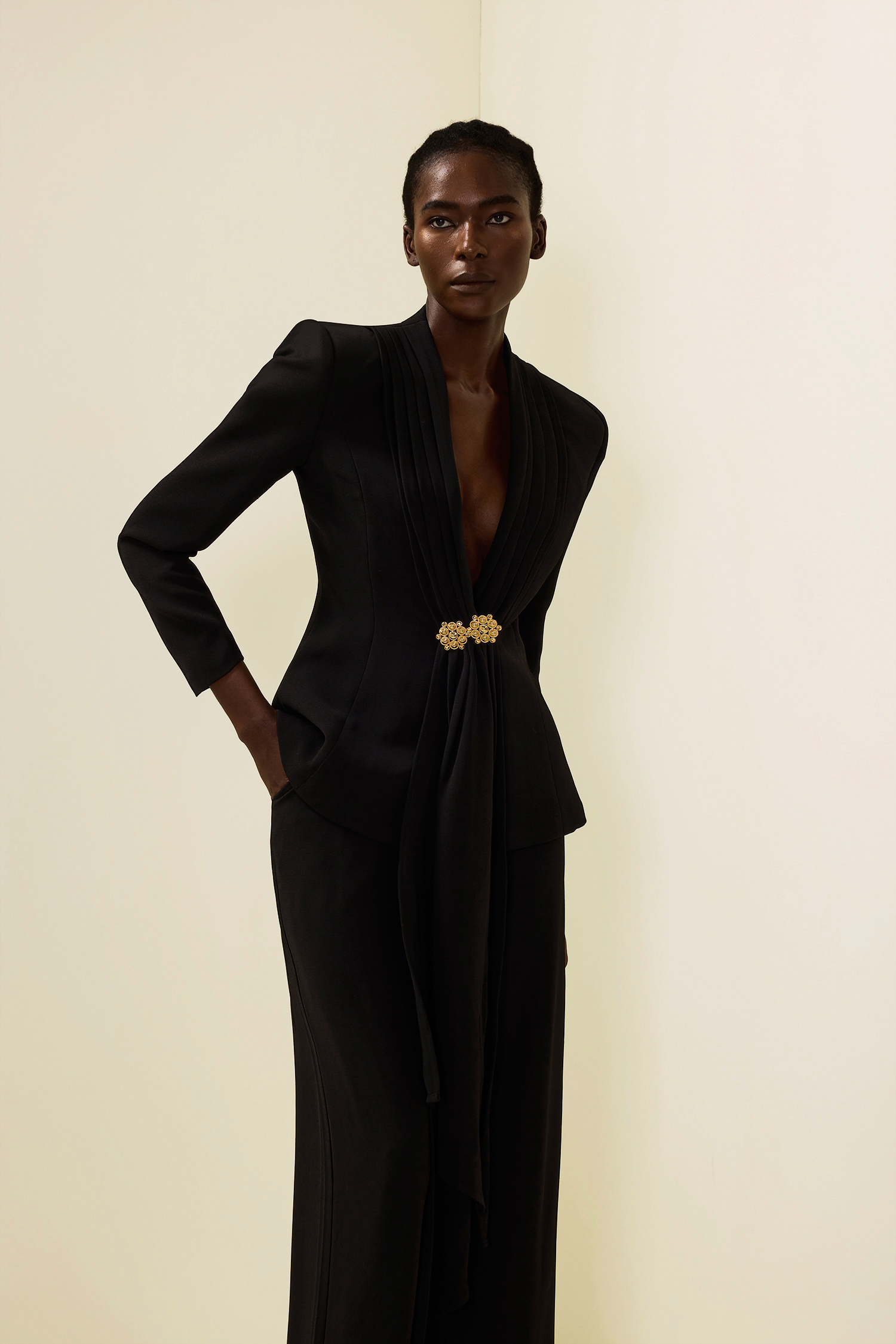 Solid Ruched Bottom Blazer ＆ Mid Waist Solid Pants Set