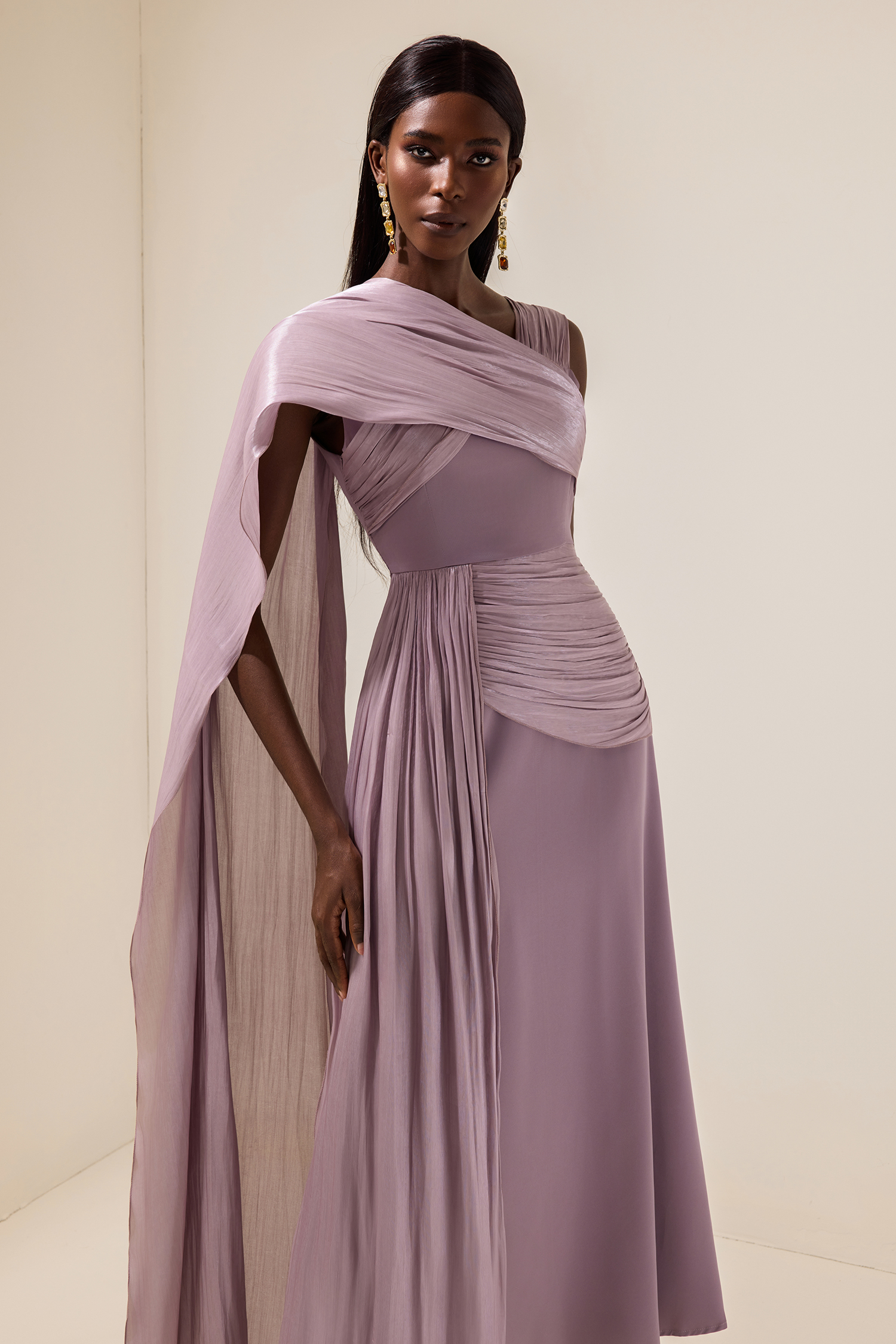 Satin Gathering Cape Sleeve Midi Dress