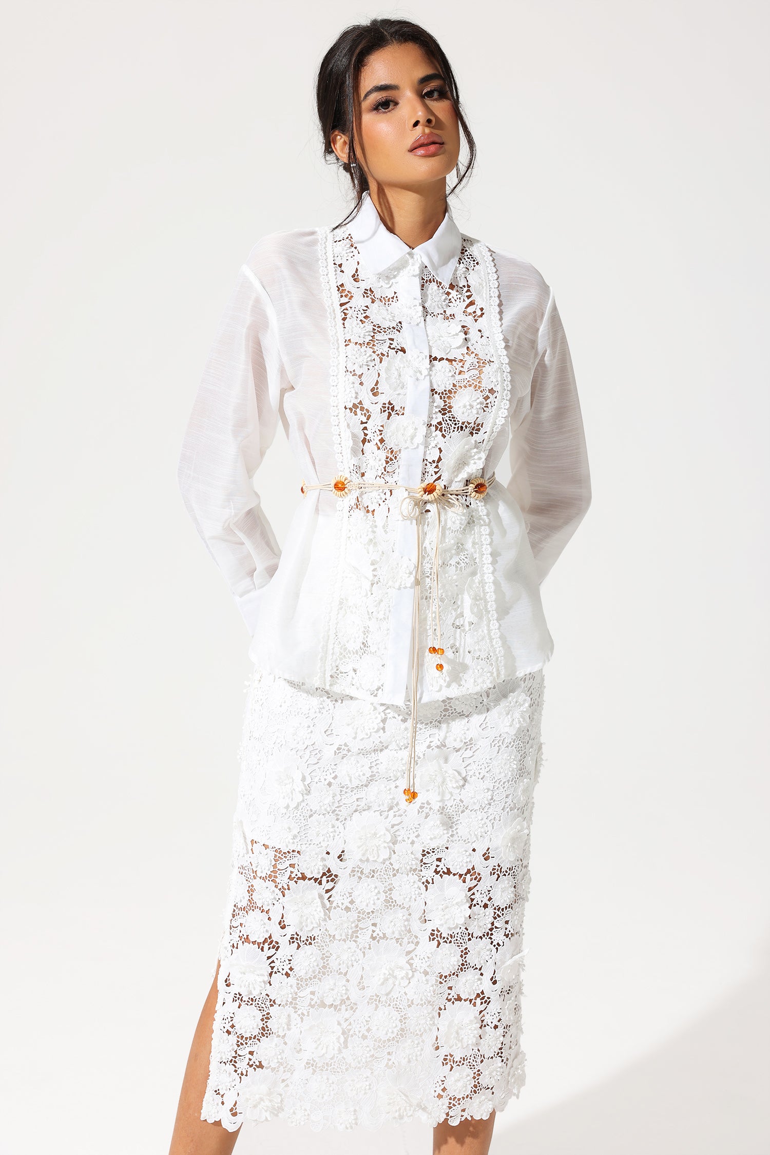 Long Sleeve Lace Cut-Out Slit Dress Set White