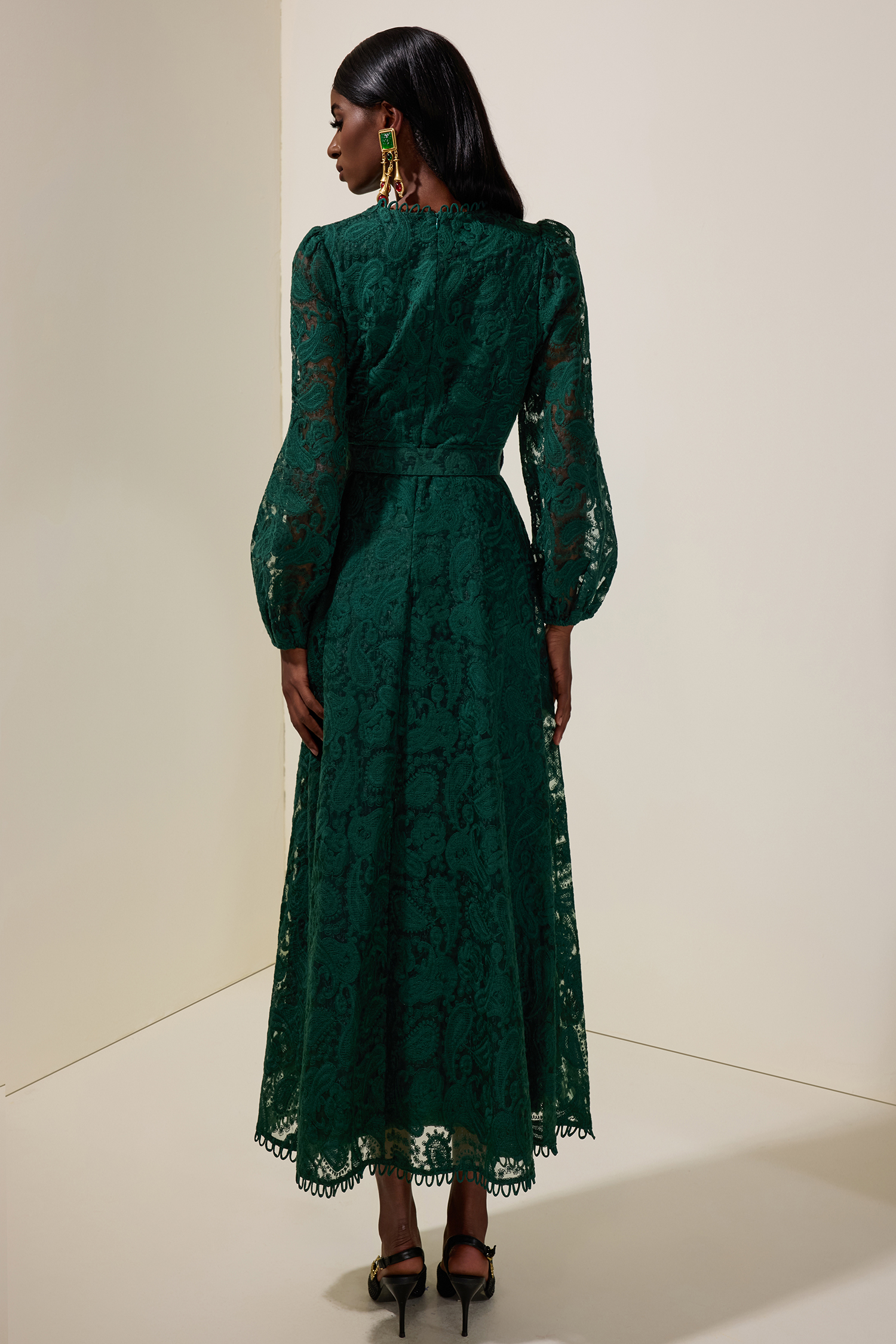 Lace Round Neck Midi Dress With Belt