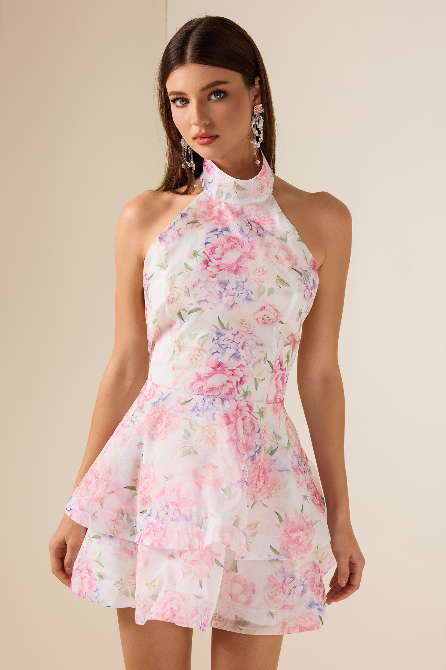 Solid Ruffle Halter Neck Mini Dress