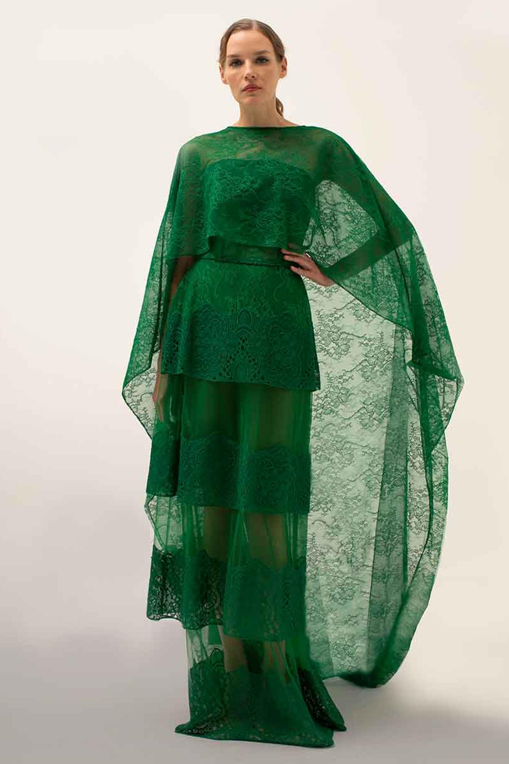 Lace Cape Sleeve Top & High Waist Maxi Skirt Set