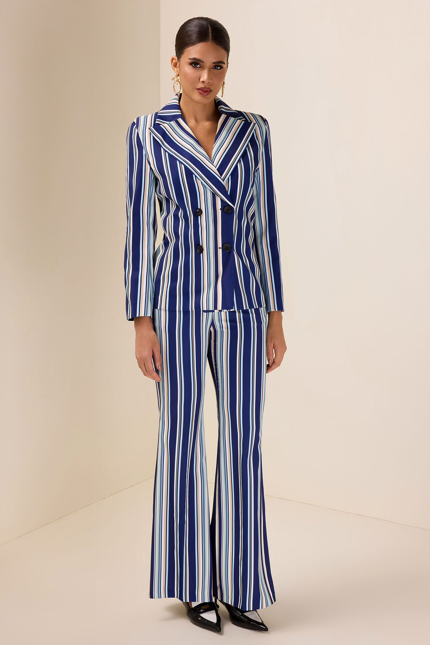 Stripe Button Blazer & High Waist Pocket Pants Set