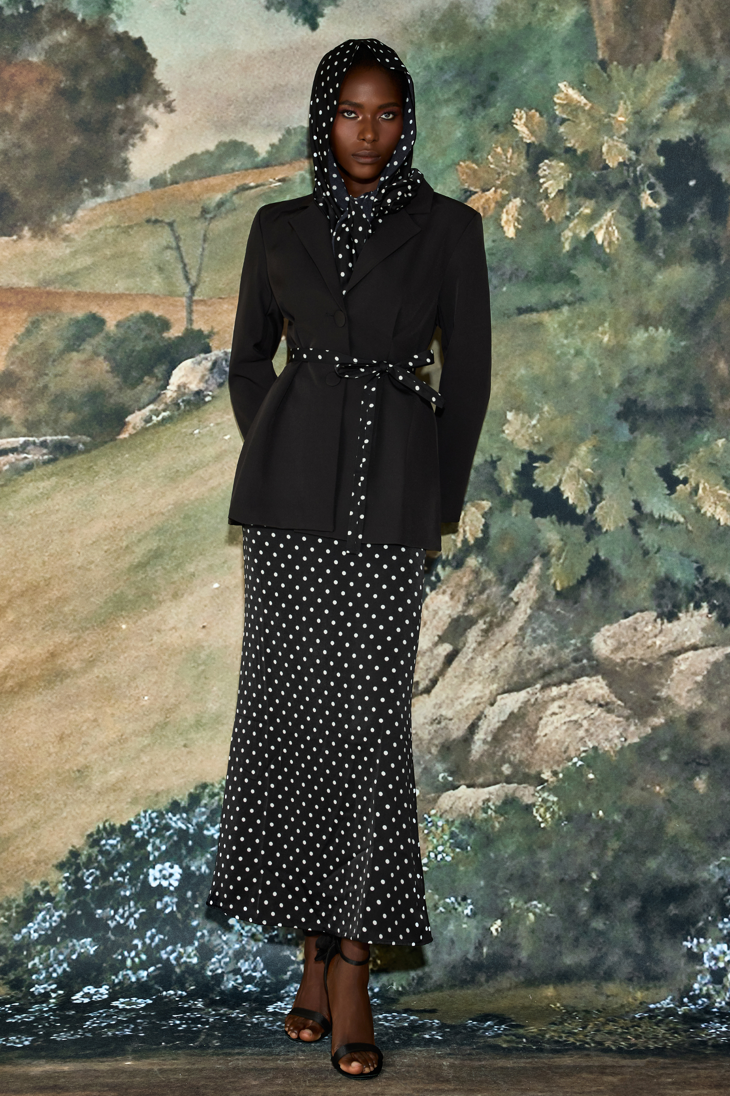 3D Flower Kerchief Blazer & Dots Midi Skirt Set