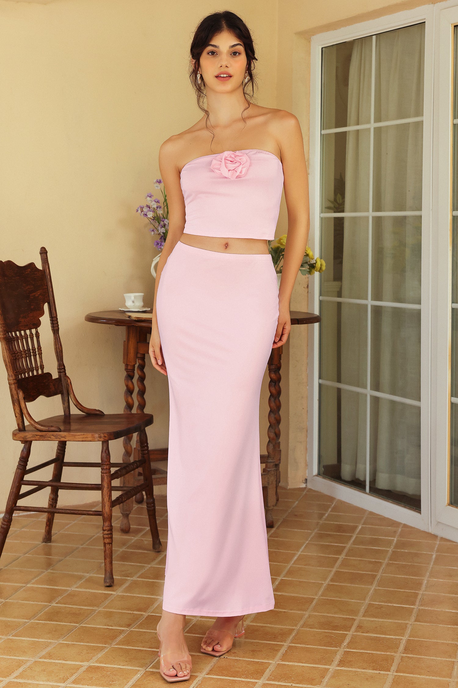 3D Flower Sleeveless Off-Shoulder Top & Solid Mid Waist Maxi Skirt Set
