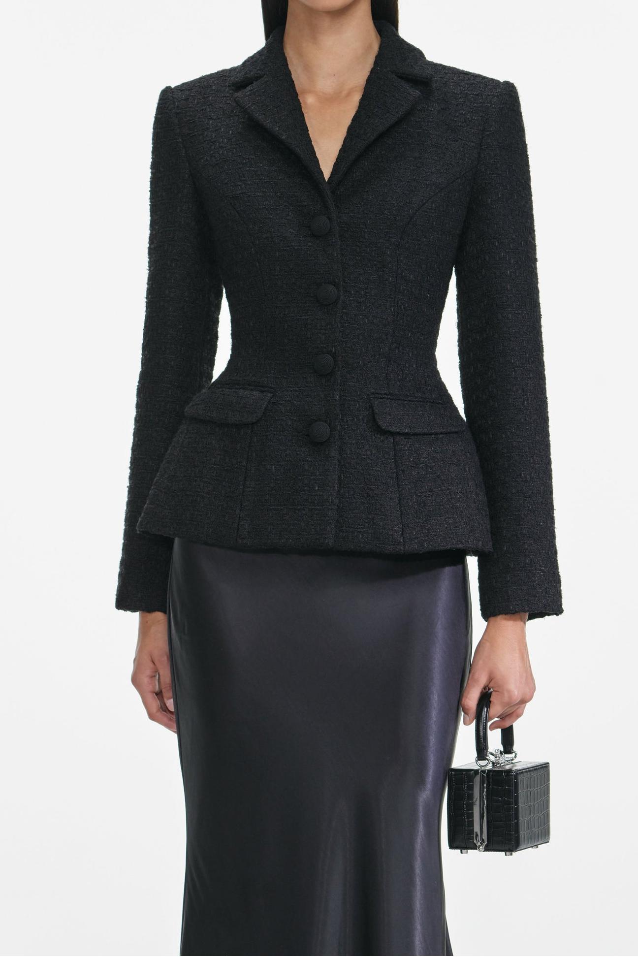 Tweed Single Breasted Tailored Collar Blazer & Satin High Waist Maxi Skirt Set